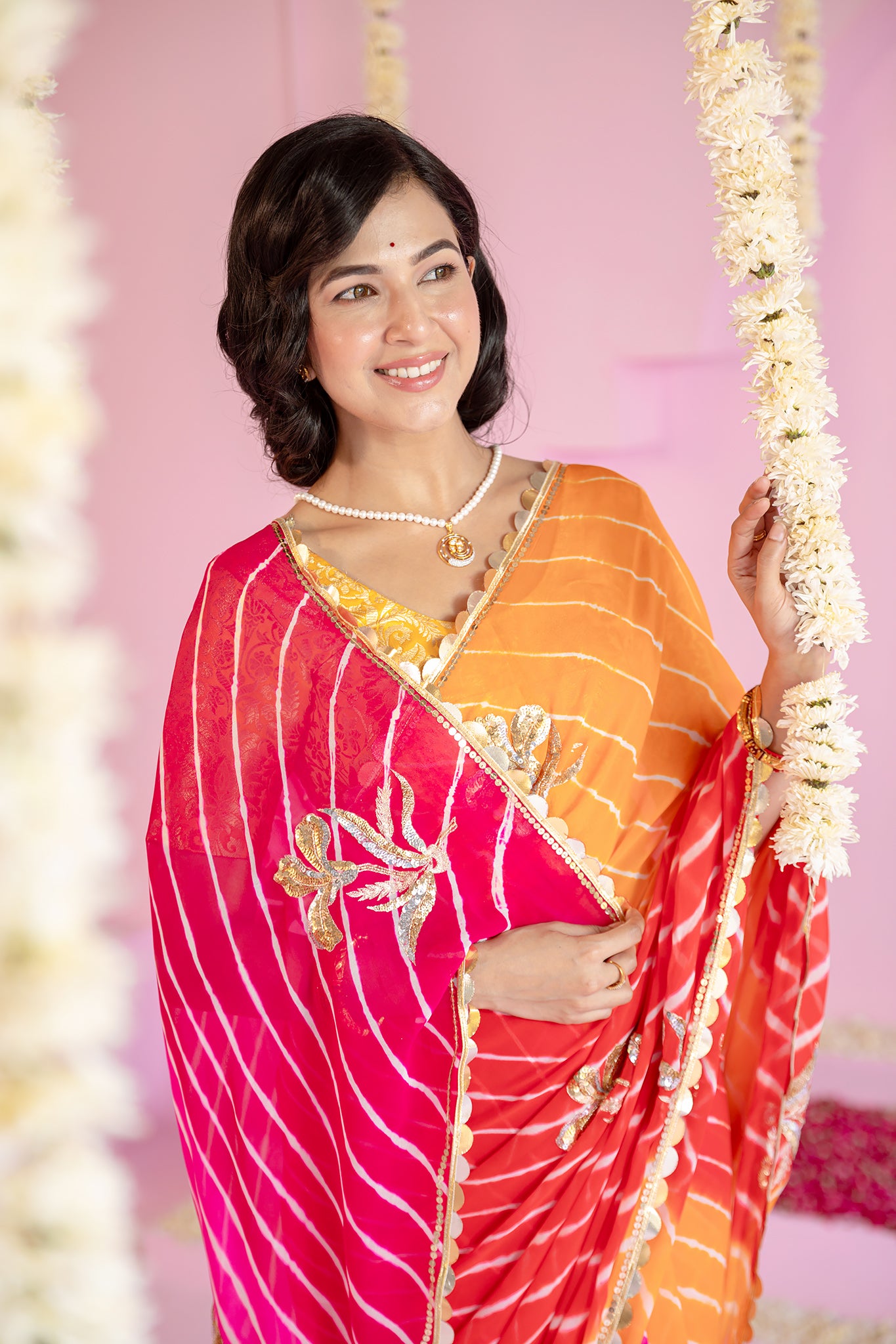 Pure Georgette 40 Gsm Multi colour Leheriya Aari Sequins Motifs Work Saree