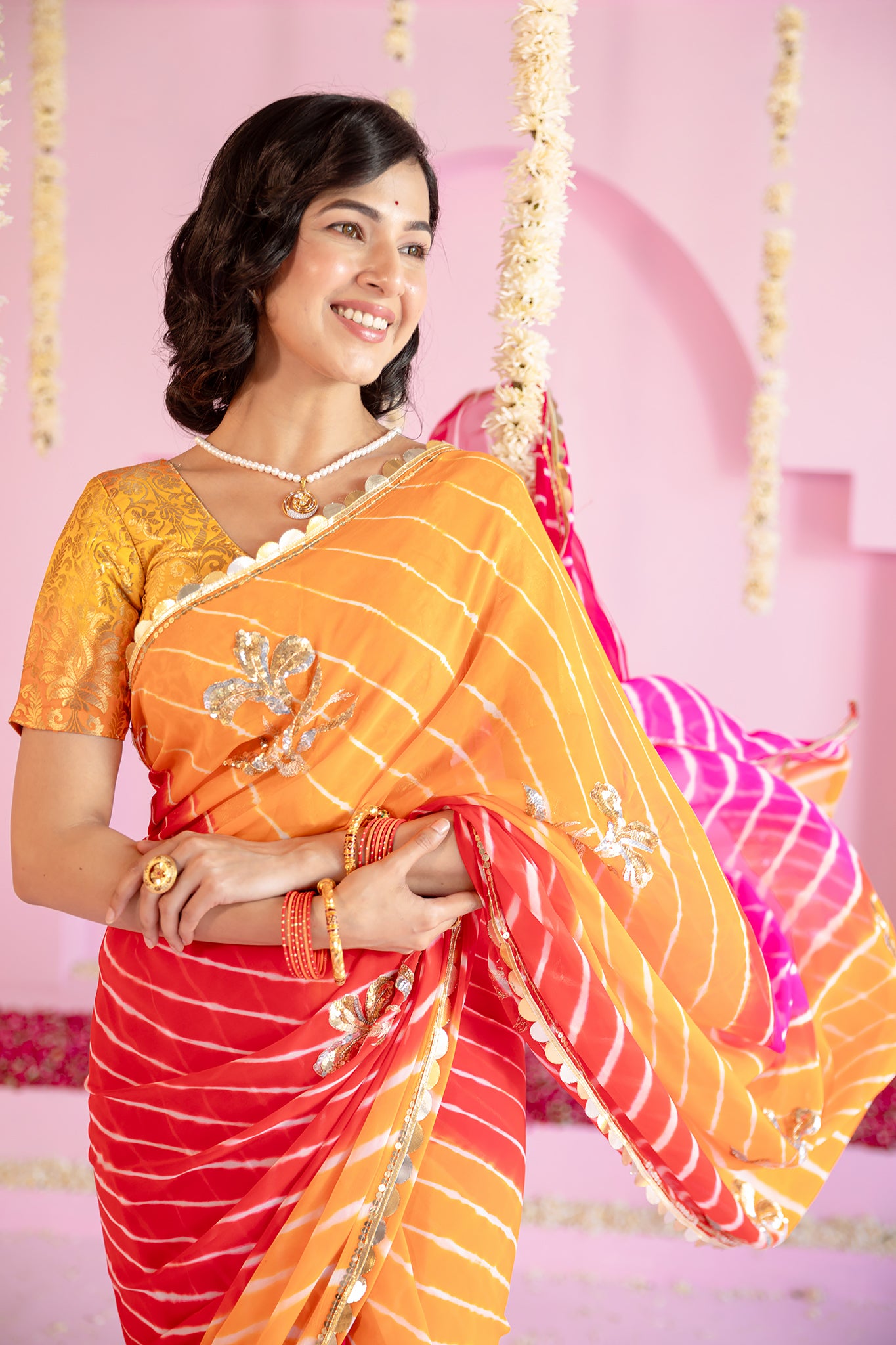 Pure Georgette 40 Gsm Multi colour Leheriya Aari Sequins Motifs Work Saree