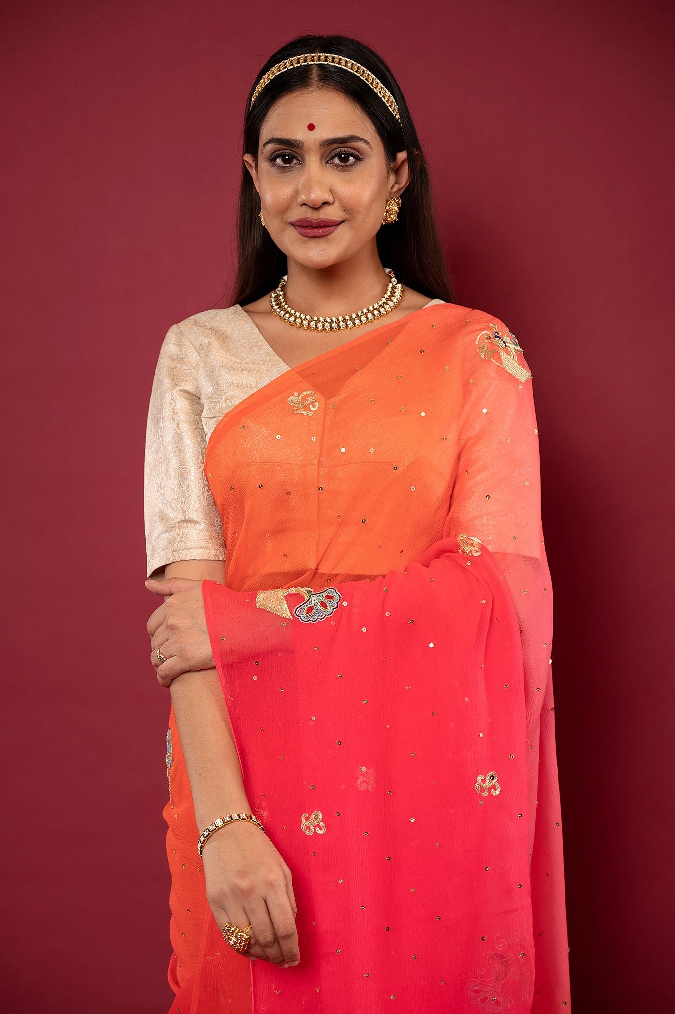 peach pink pure chiffon Aari zardozi resham motif handwork saree