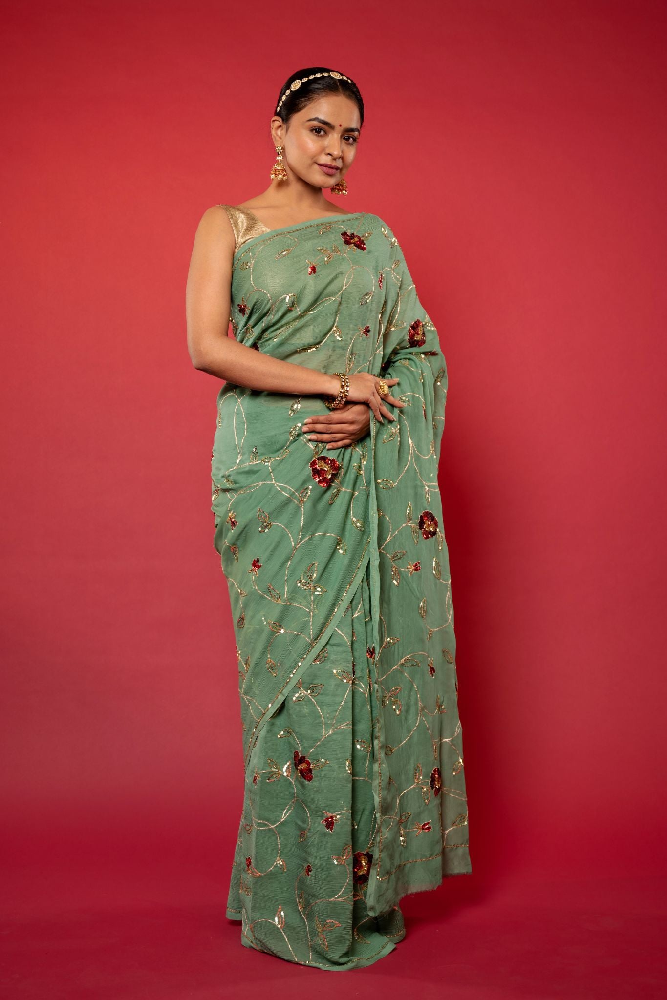 Oilve pure chiffon sequins  jaal handwork saree