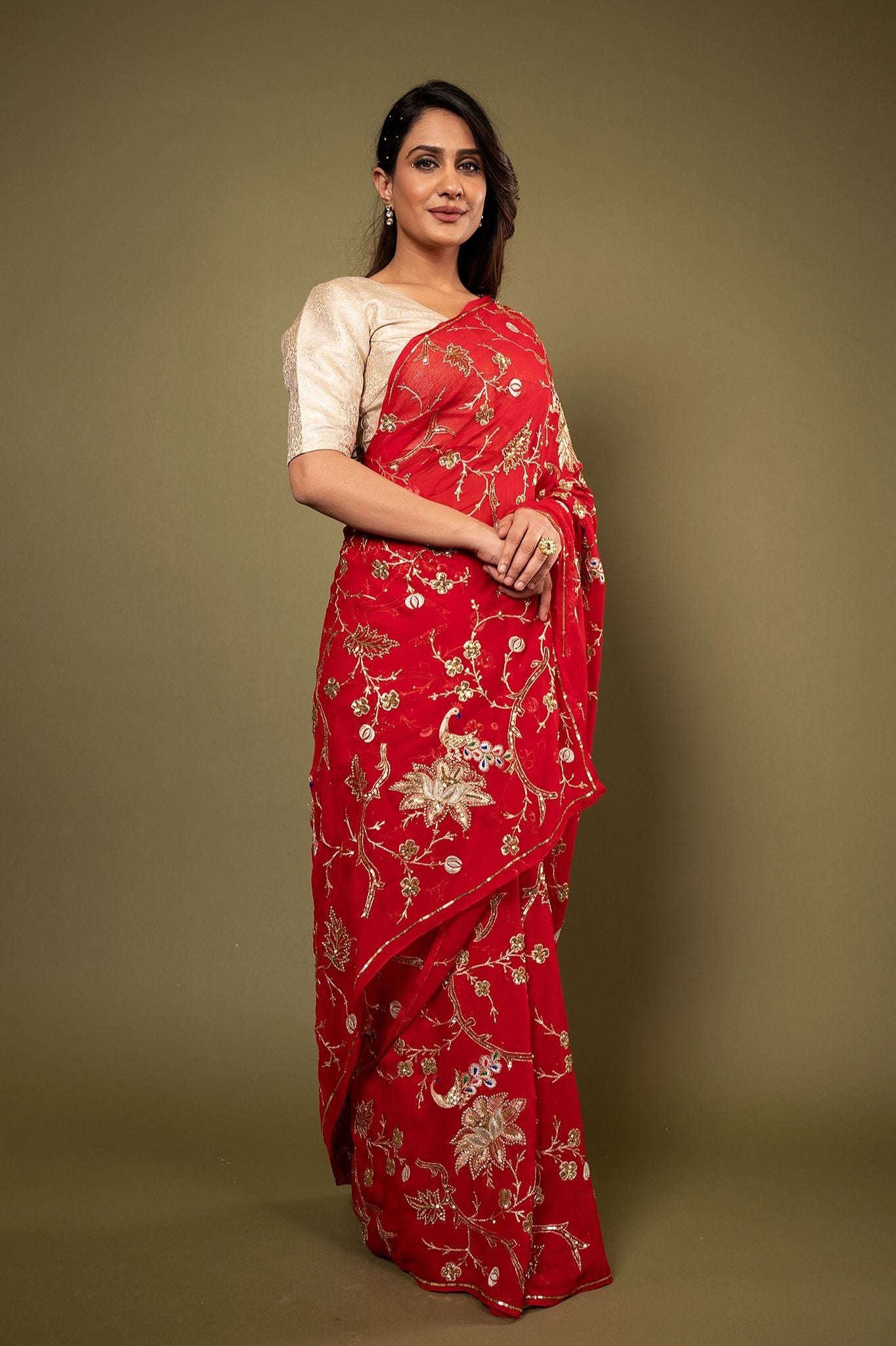 red pure chiffon aari sequins  jaal handwork saree