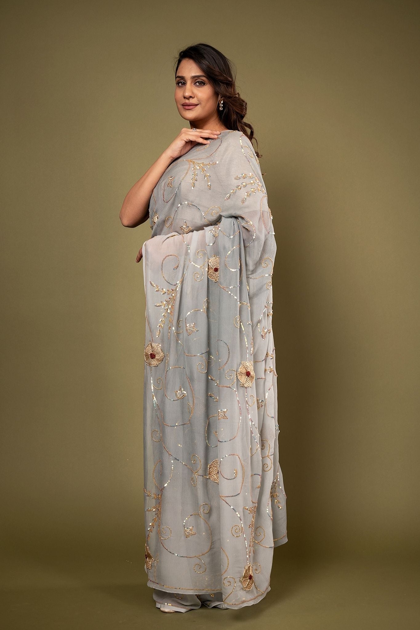 Grey pure chiffon sequins zari jaal handwork saree