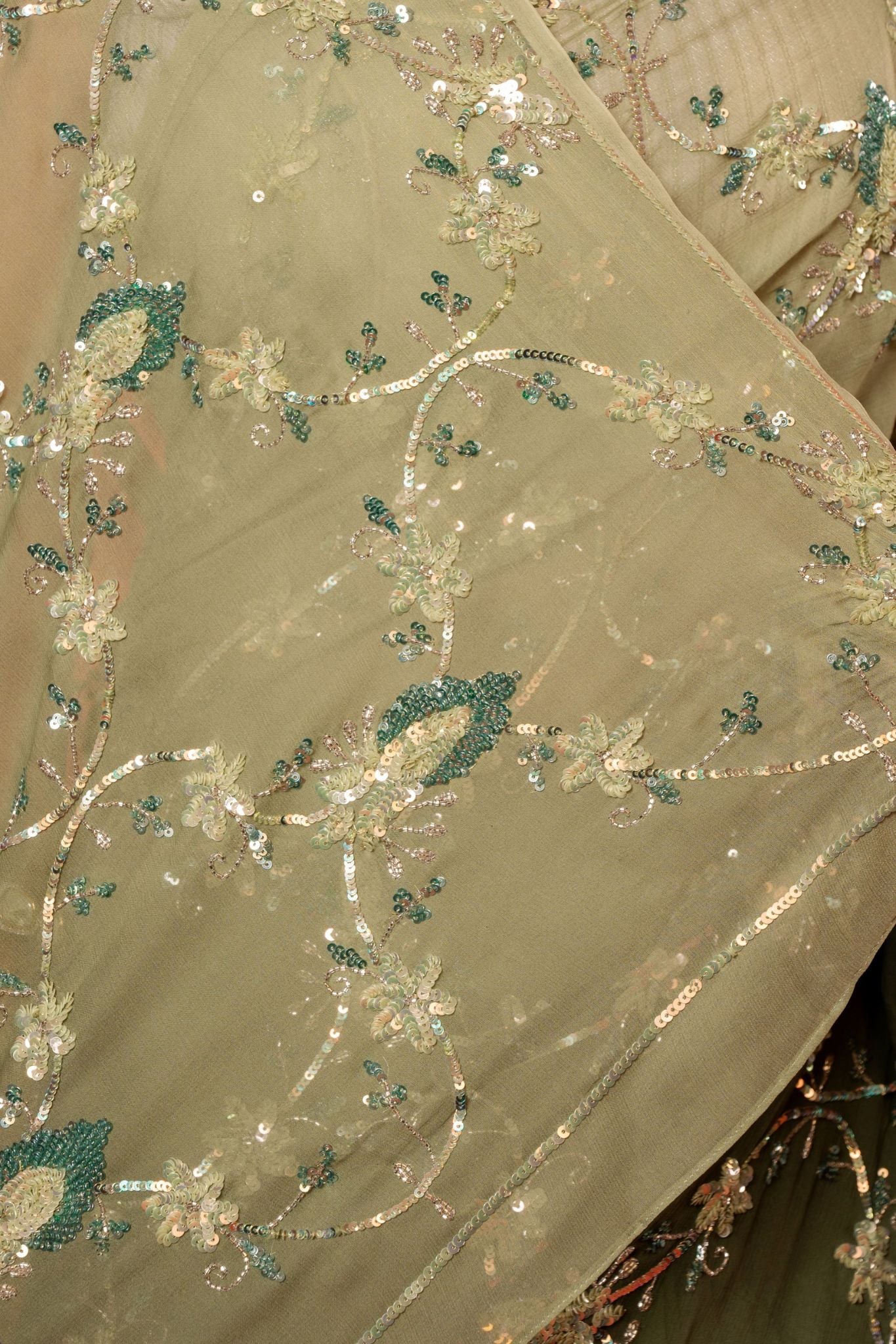 Olive green pure chiffon  aari sequins  jaal handwork saree