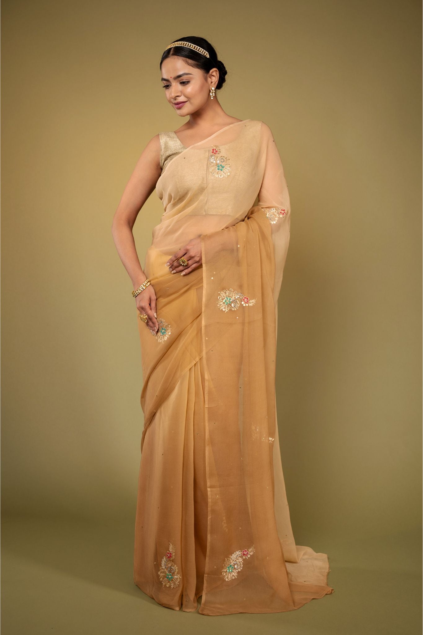 Chikku Light brown viscose chiffon aari sequins   handwork casual wear saree