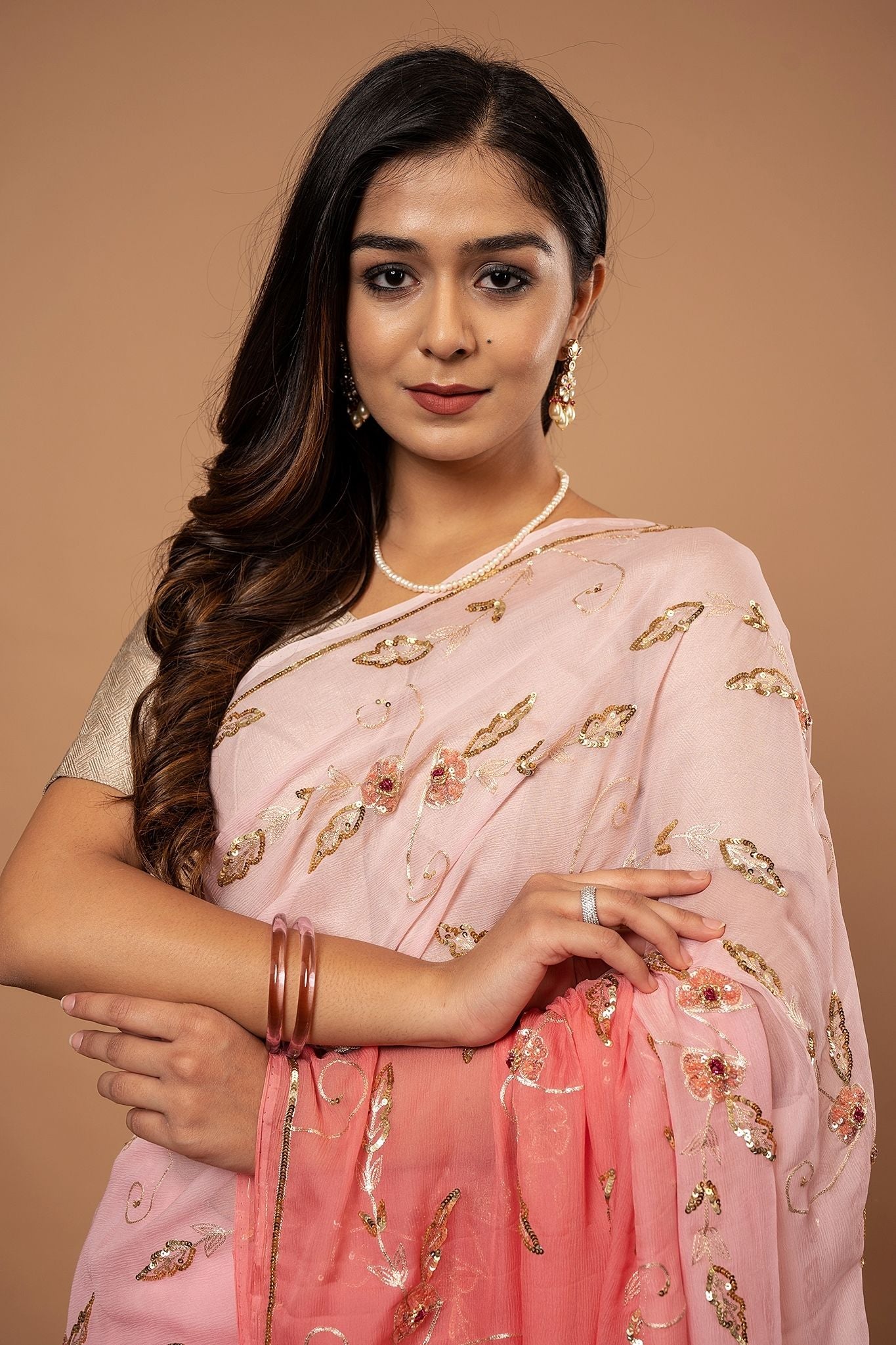 Peach light dark Pure Chiffon Aari sequins  jaal handwork saree