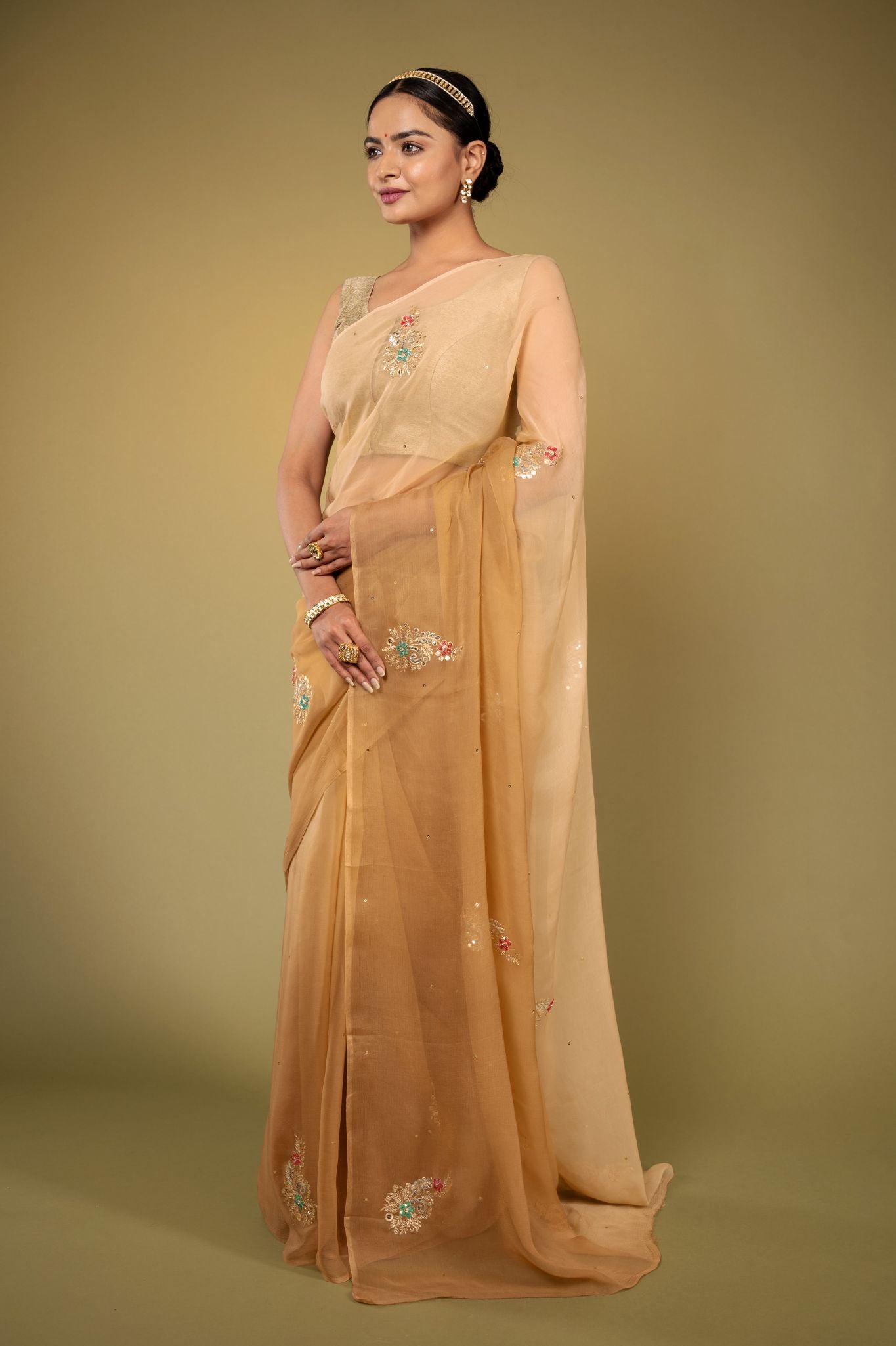 Chikku Light brown viscose chiffon aari sequins   handwork casual wear saree