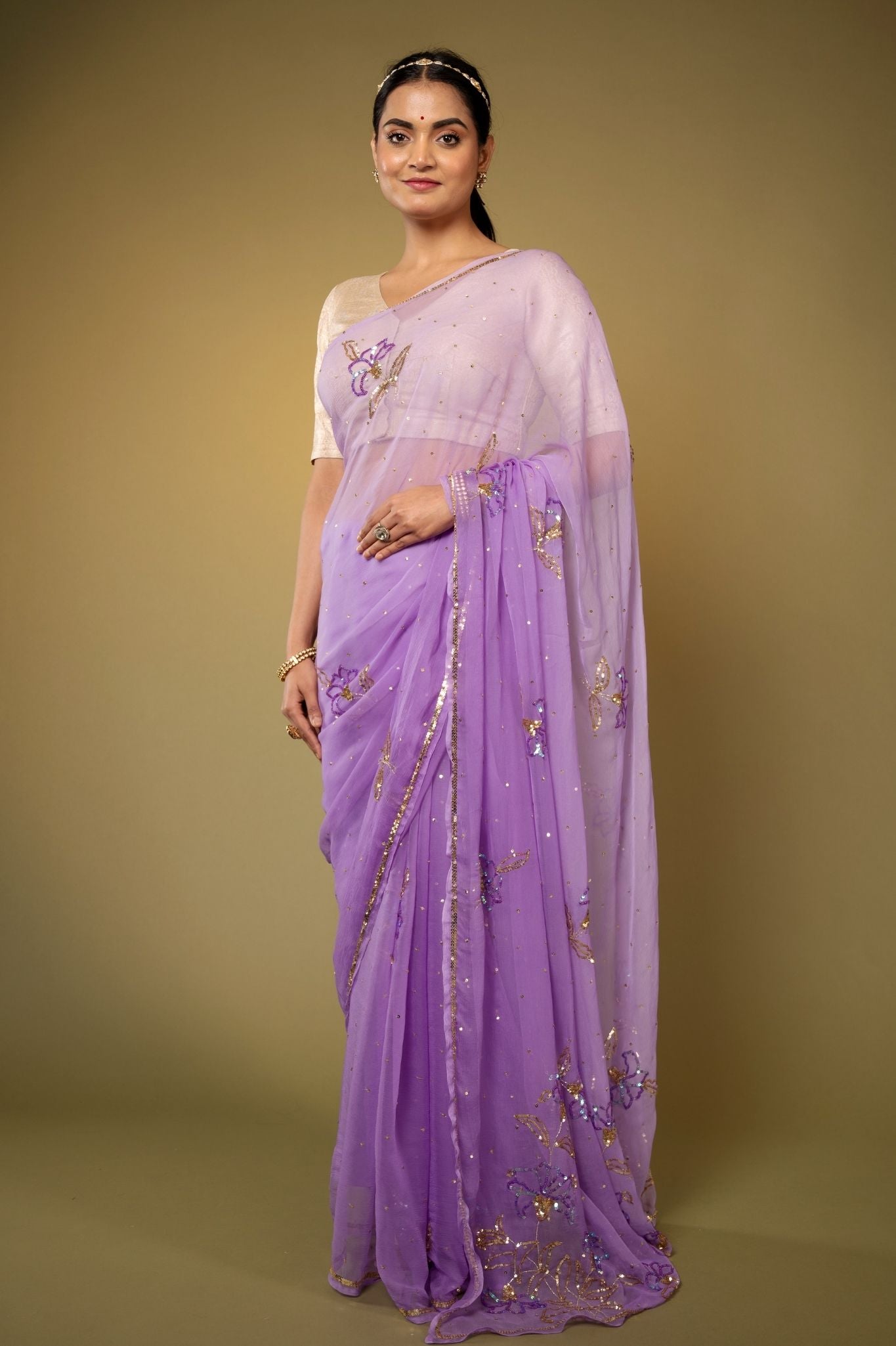 Lavender Viscose Chiffon sequins  handwork party wear saree