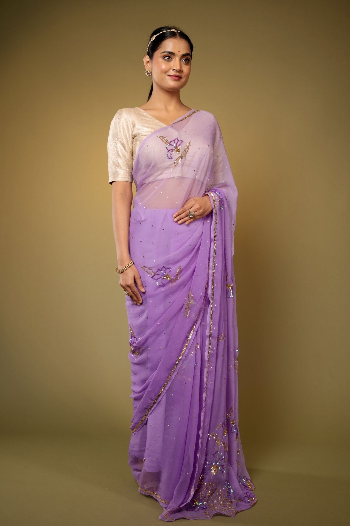 Lavender Viscose Chiffon sequins  handwork party wear saree