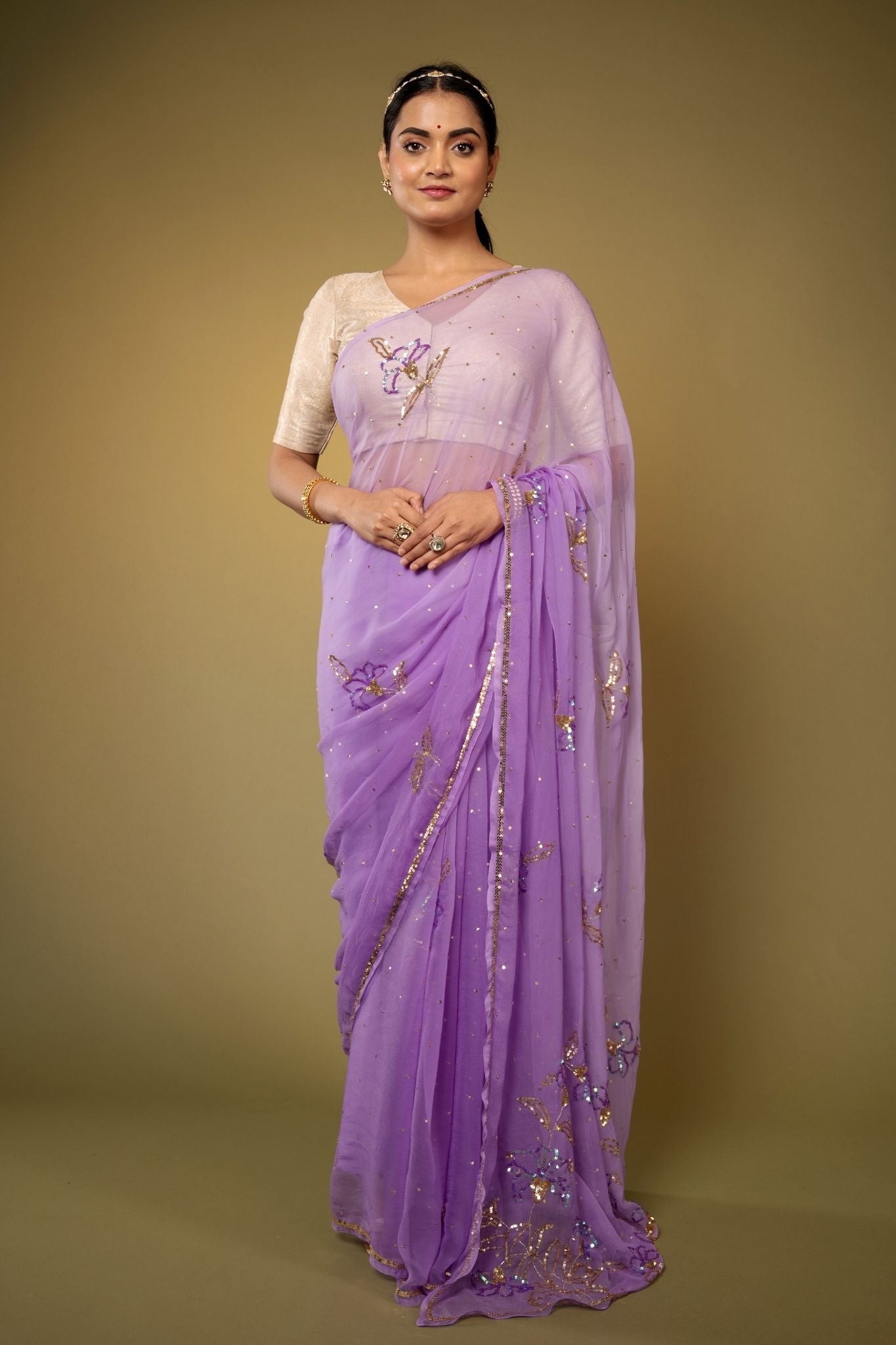 Lavender Viscose Chiffon sequins  handwork party wear saree