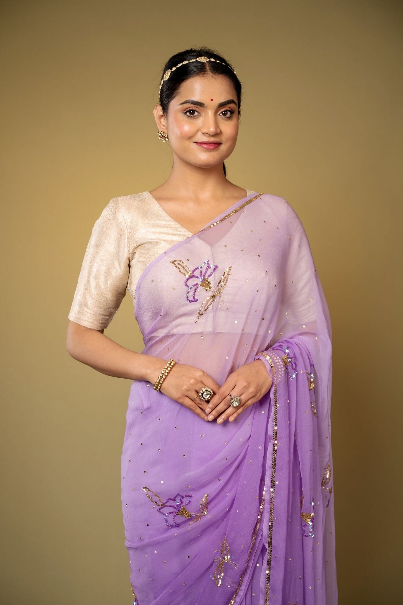 Lavender Viscose Chiffon sequins  handwork party wear saree