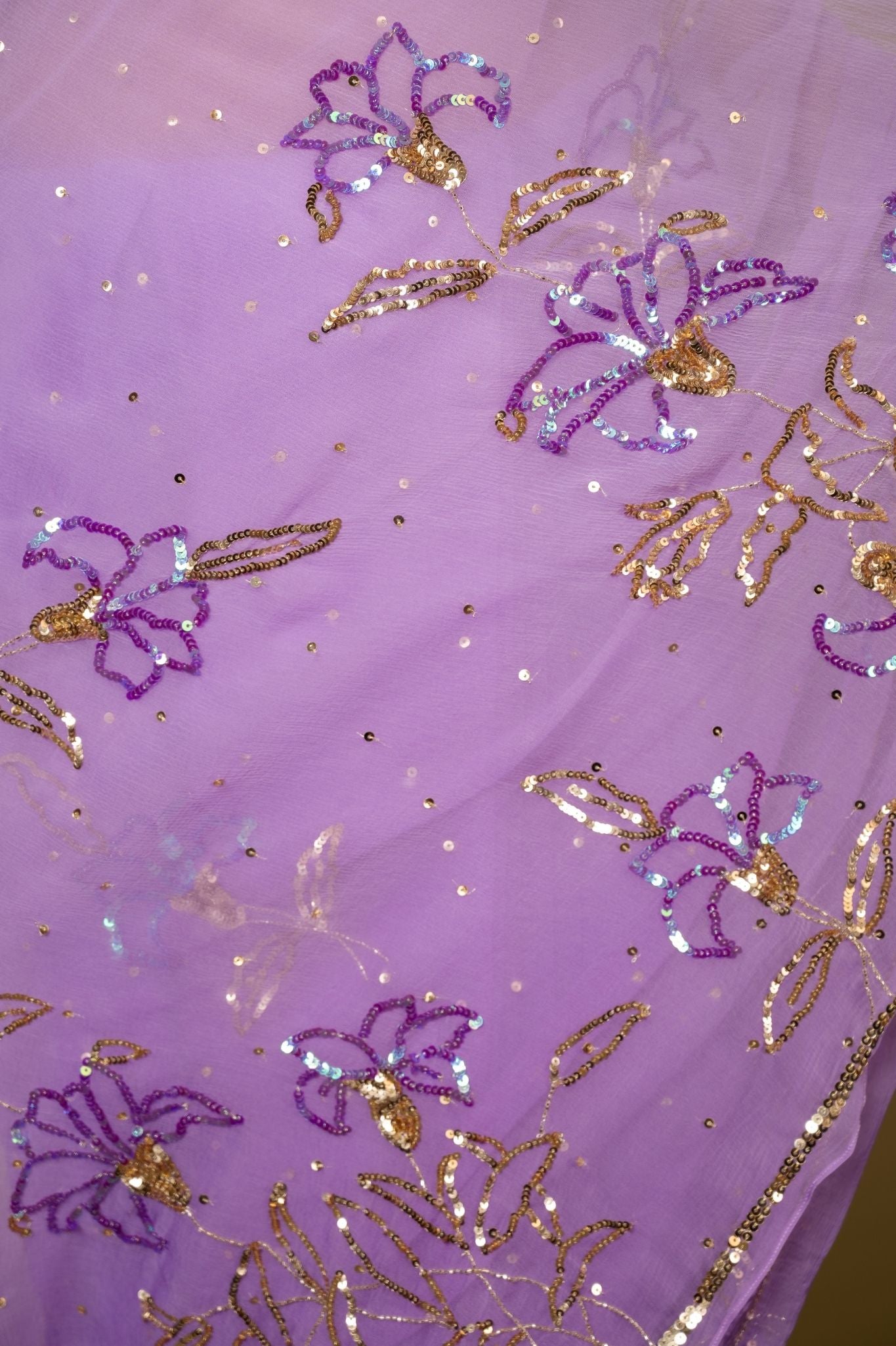 Lavender Viscose Chiffon sequins  handwork party wear saree