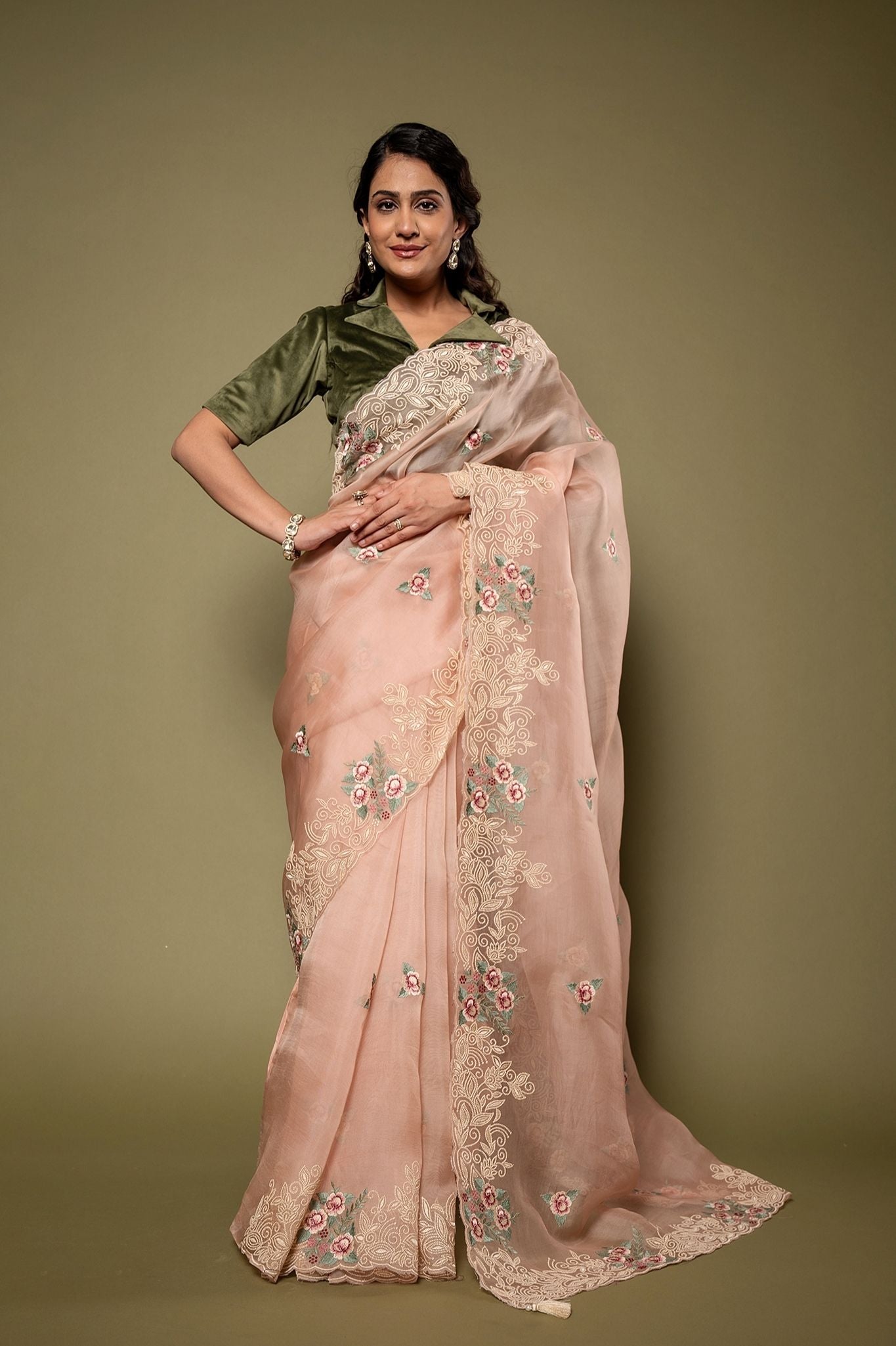 Peach Organza  resham border butti Handwork saree