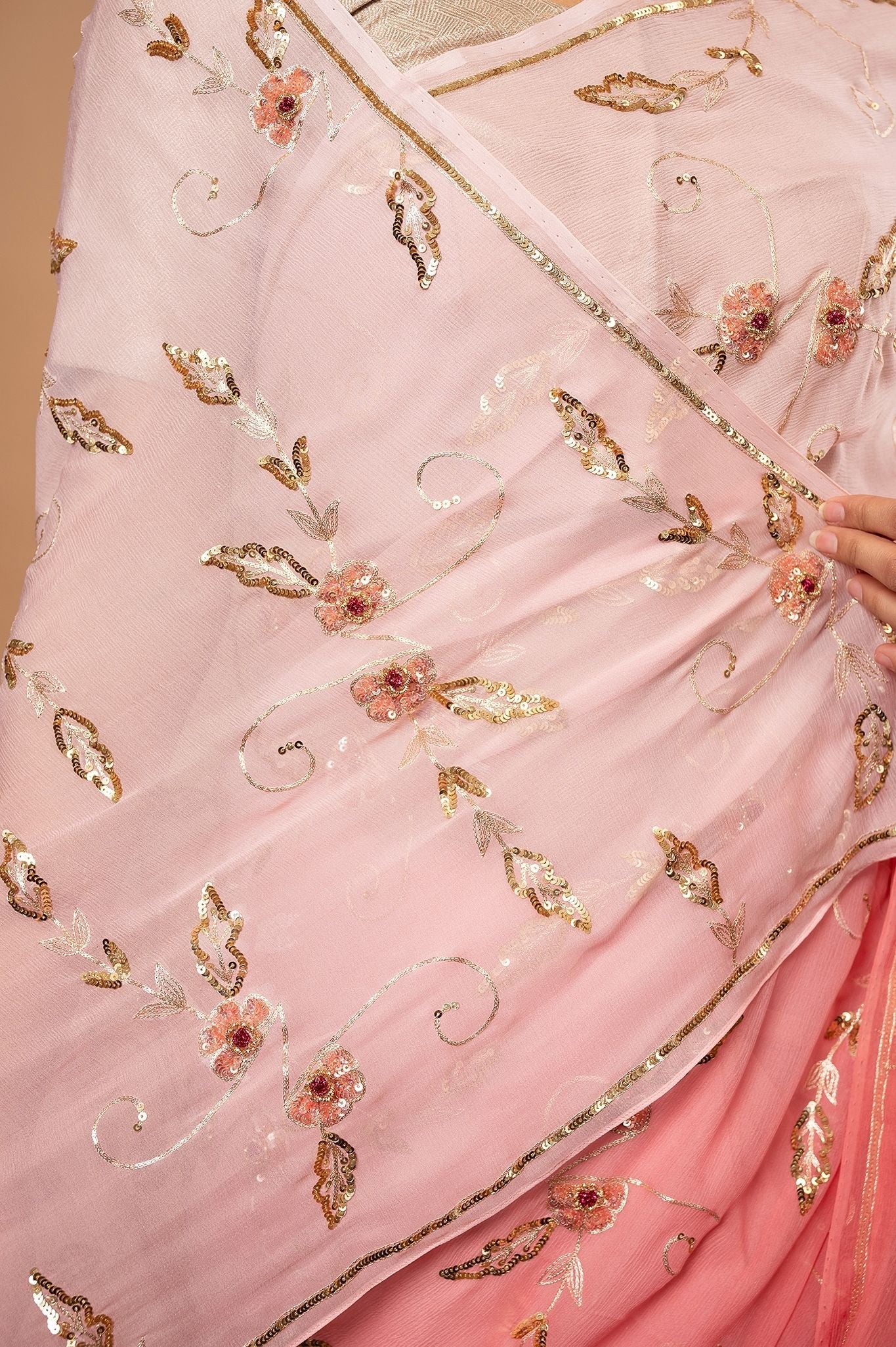 Peach light dark Pure Chiffon Aari sequins  jaal handwork saree