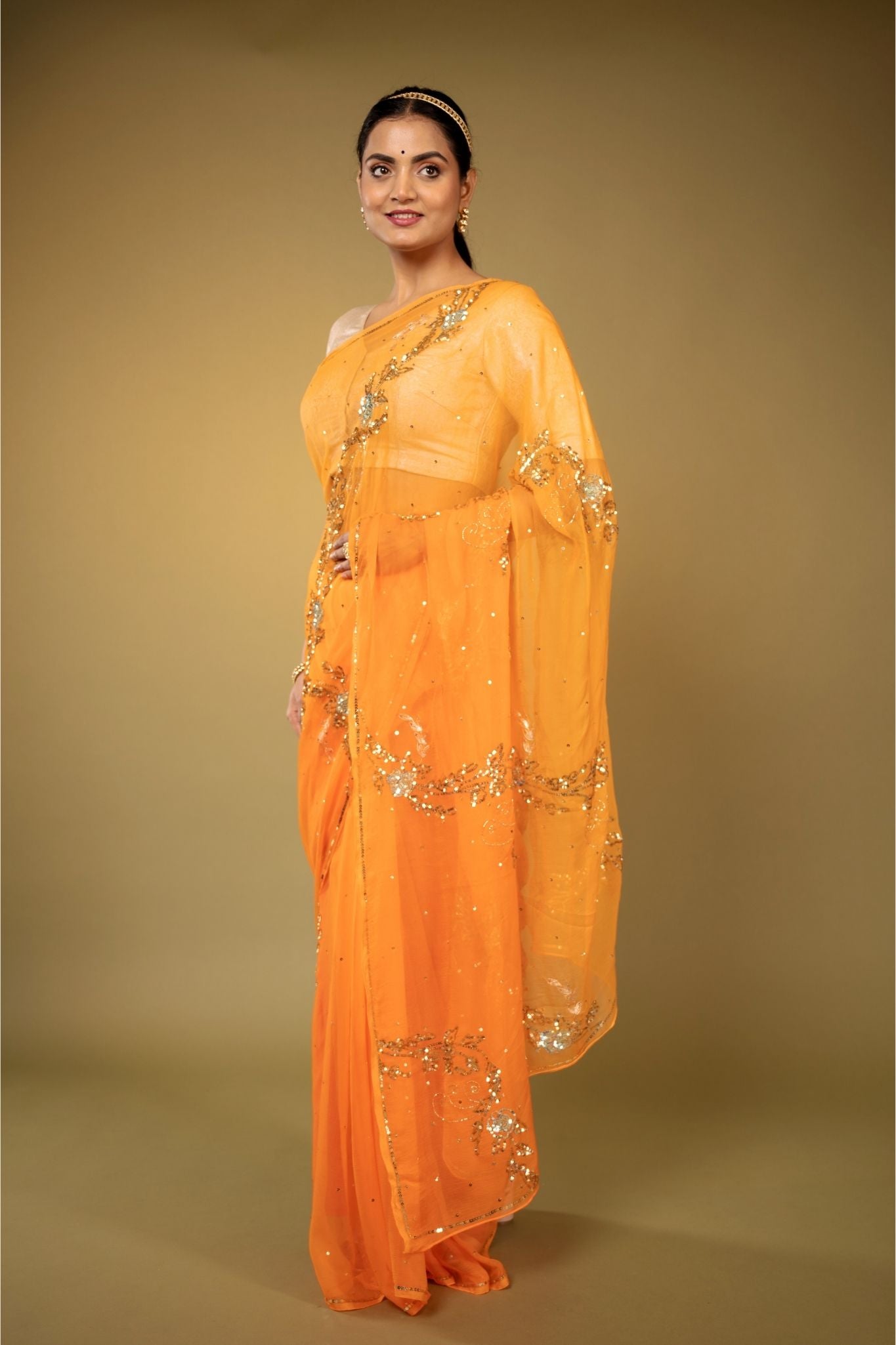 Orange light dark Viscose Chiffon aari sequins   handwork party wear saree