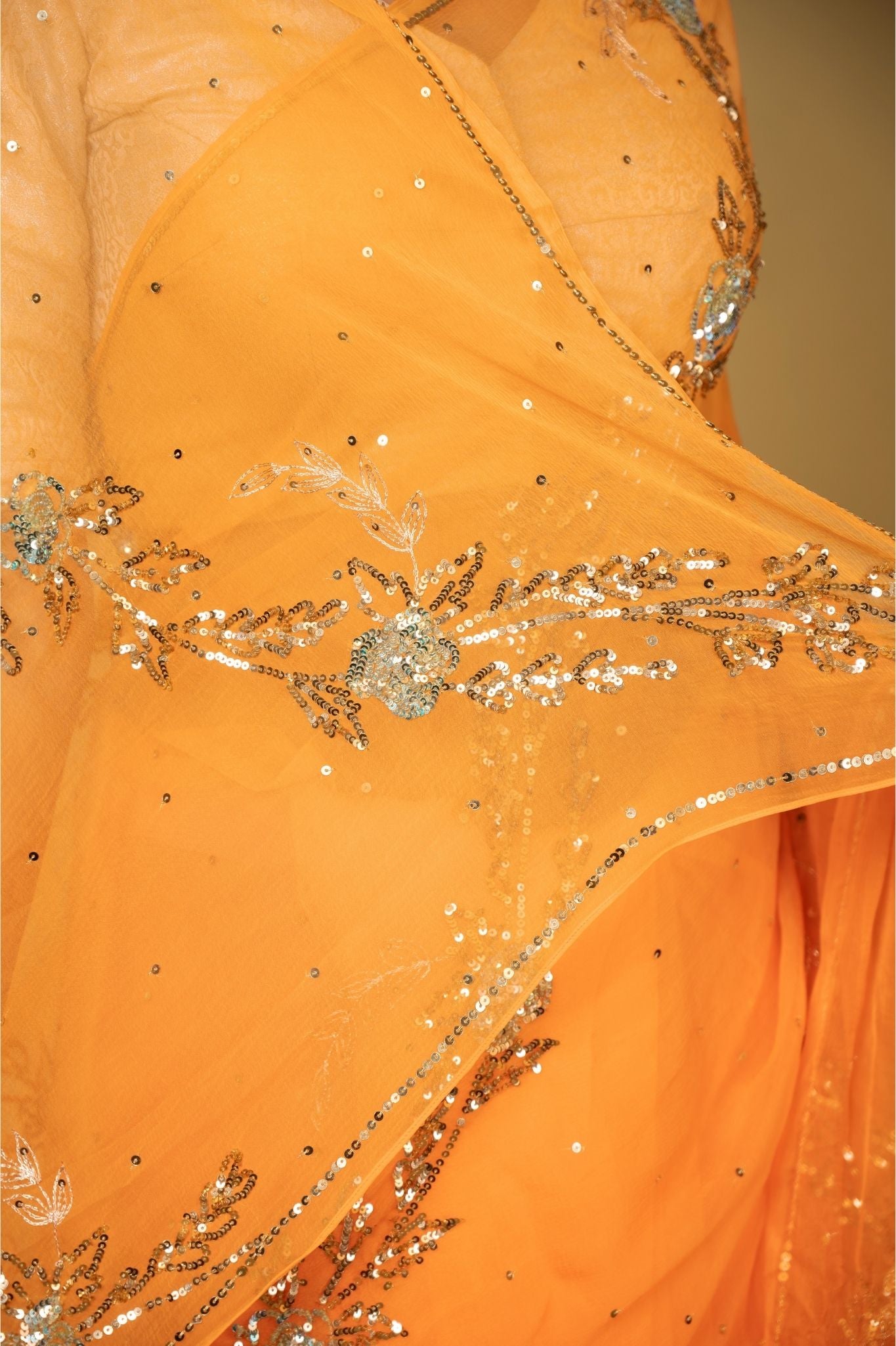 Orange light dark Viscose Chiffon aari sequins   handwork party wear saree