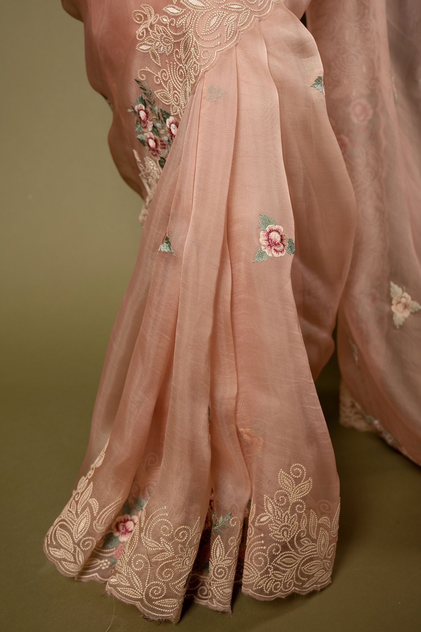 Peach Organza  resham border butti Handwork saree
