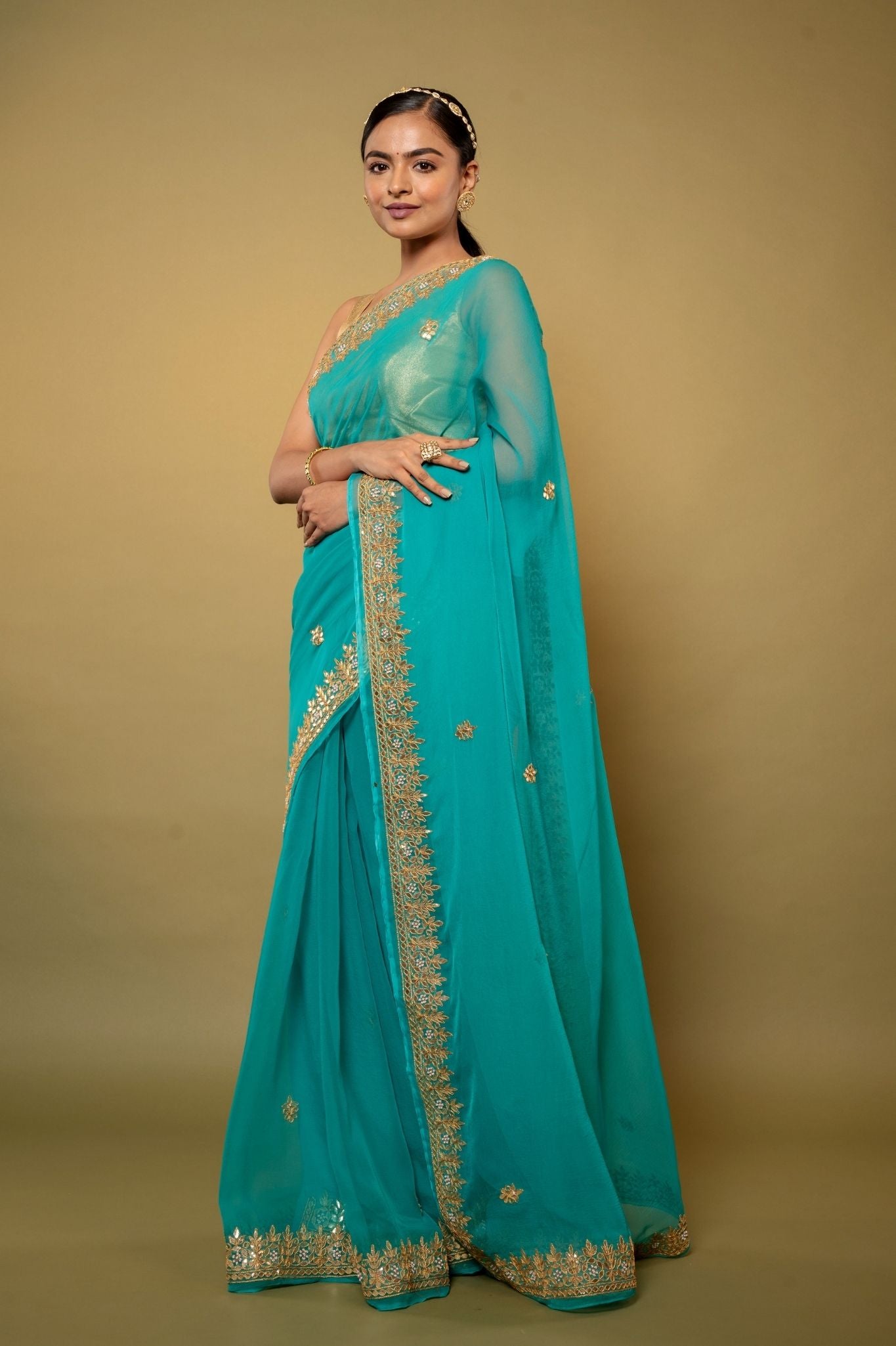 Turquoise  Viscose Chiffon gota pati border butti handwork party wear saree