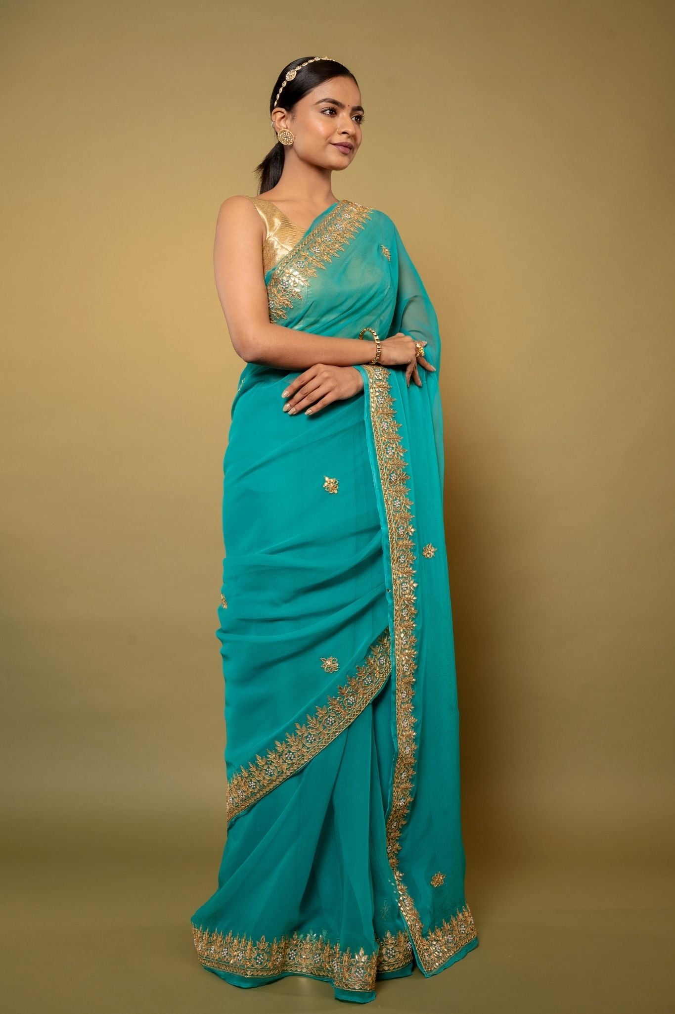 Turquoise  Viscose Chiffon gota pati border butti handwork party wear saree