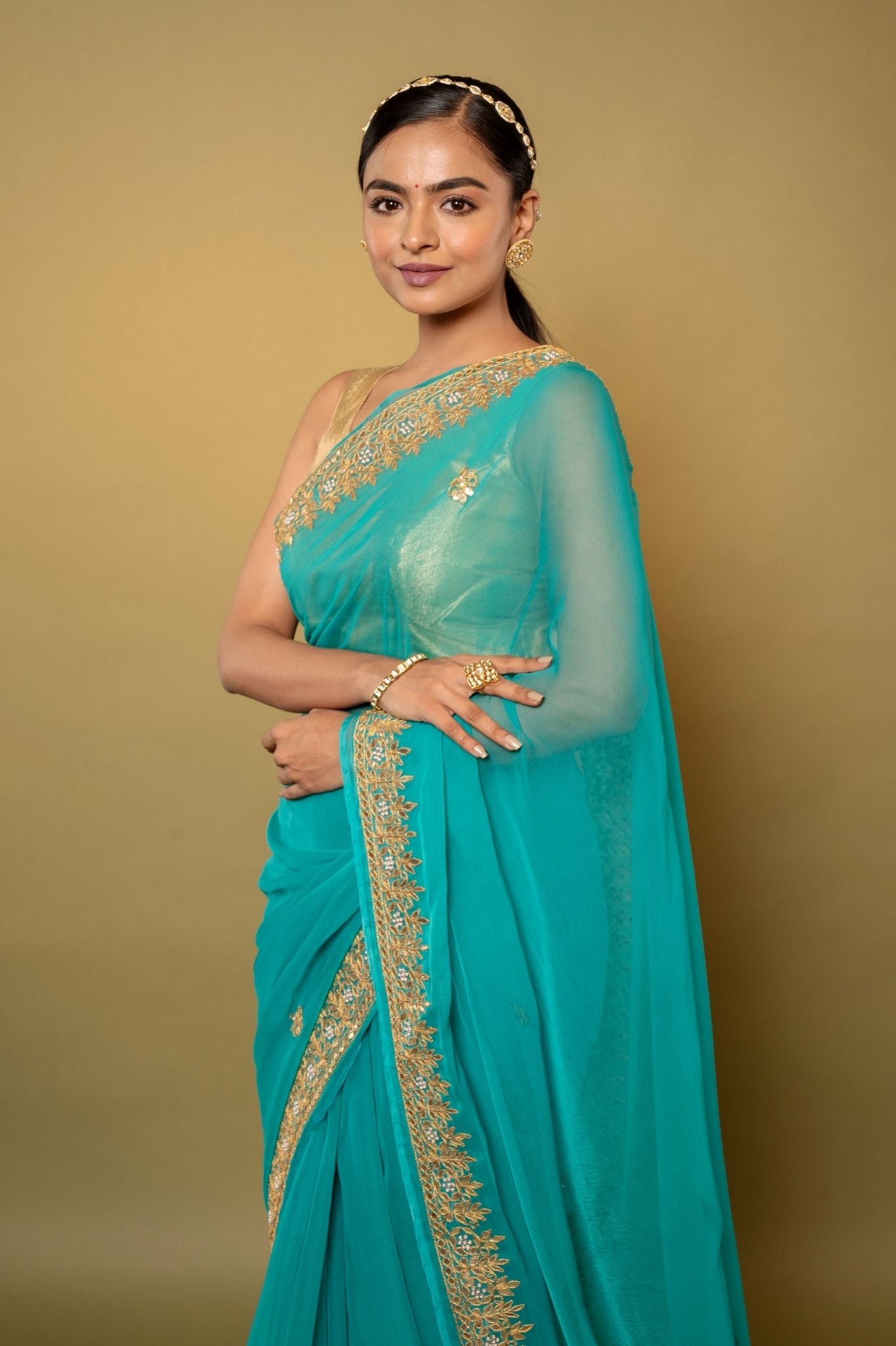 Turquoise  Viscose Chiffon gota pati border butti handwork party wear saree