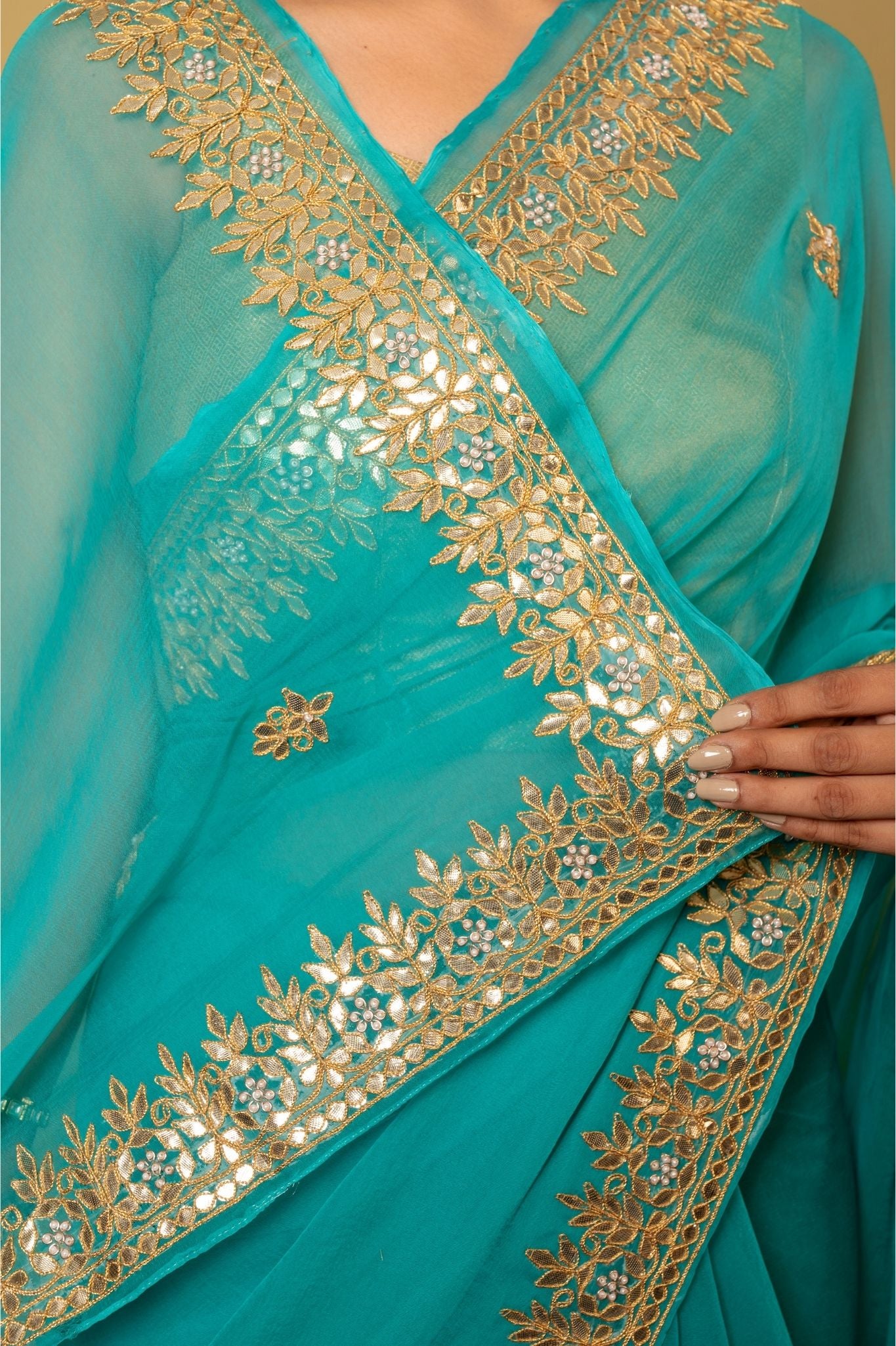Turquoise  Viscose Chiffon gota pati border butti handwork party wear saree