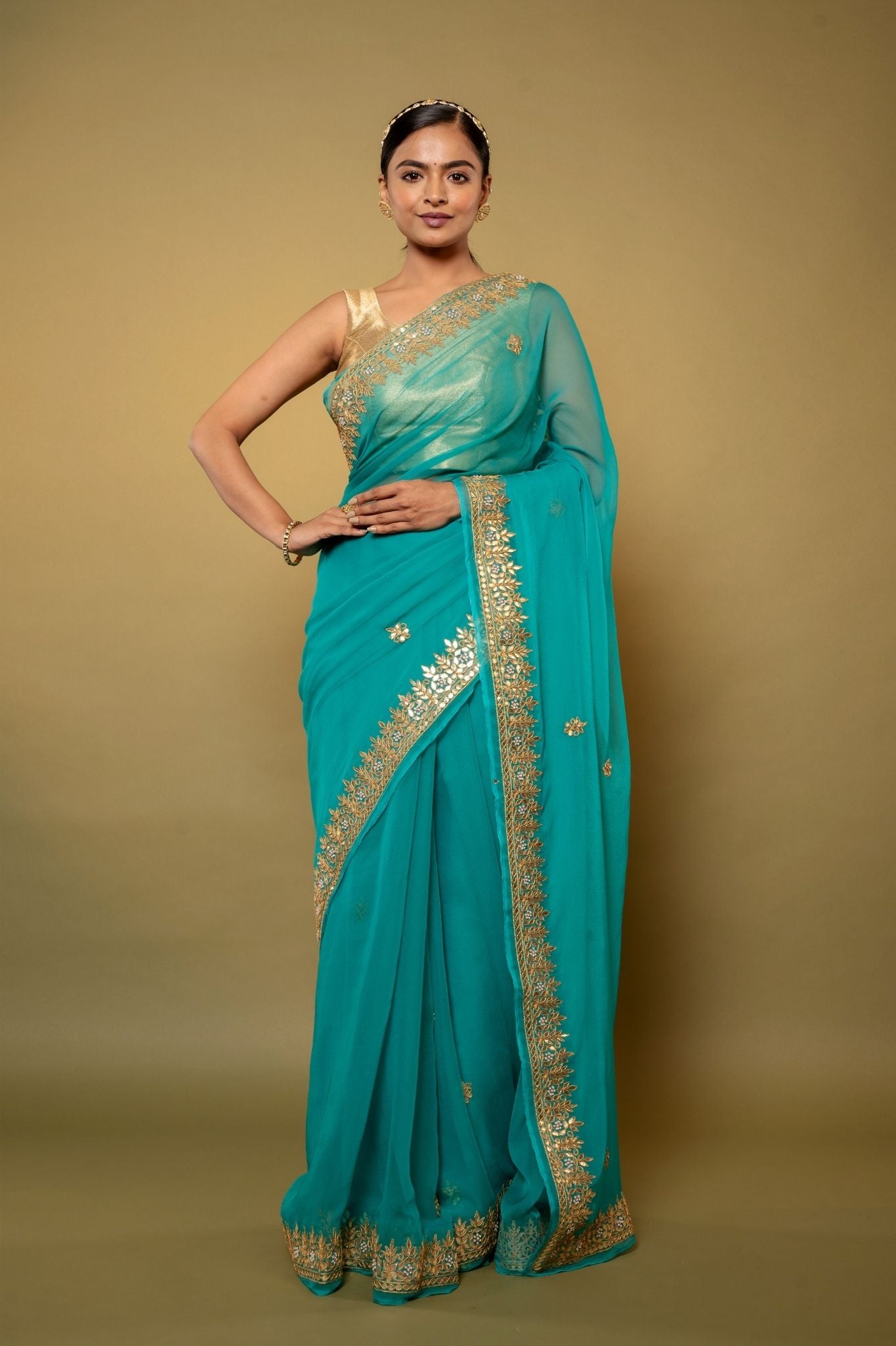 Turquoise  Viscose Chiffon gota pati border butti handwork party wear saree