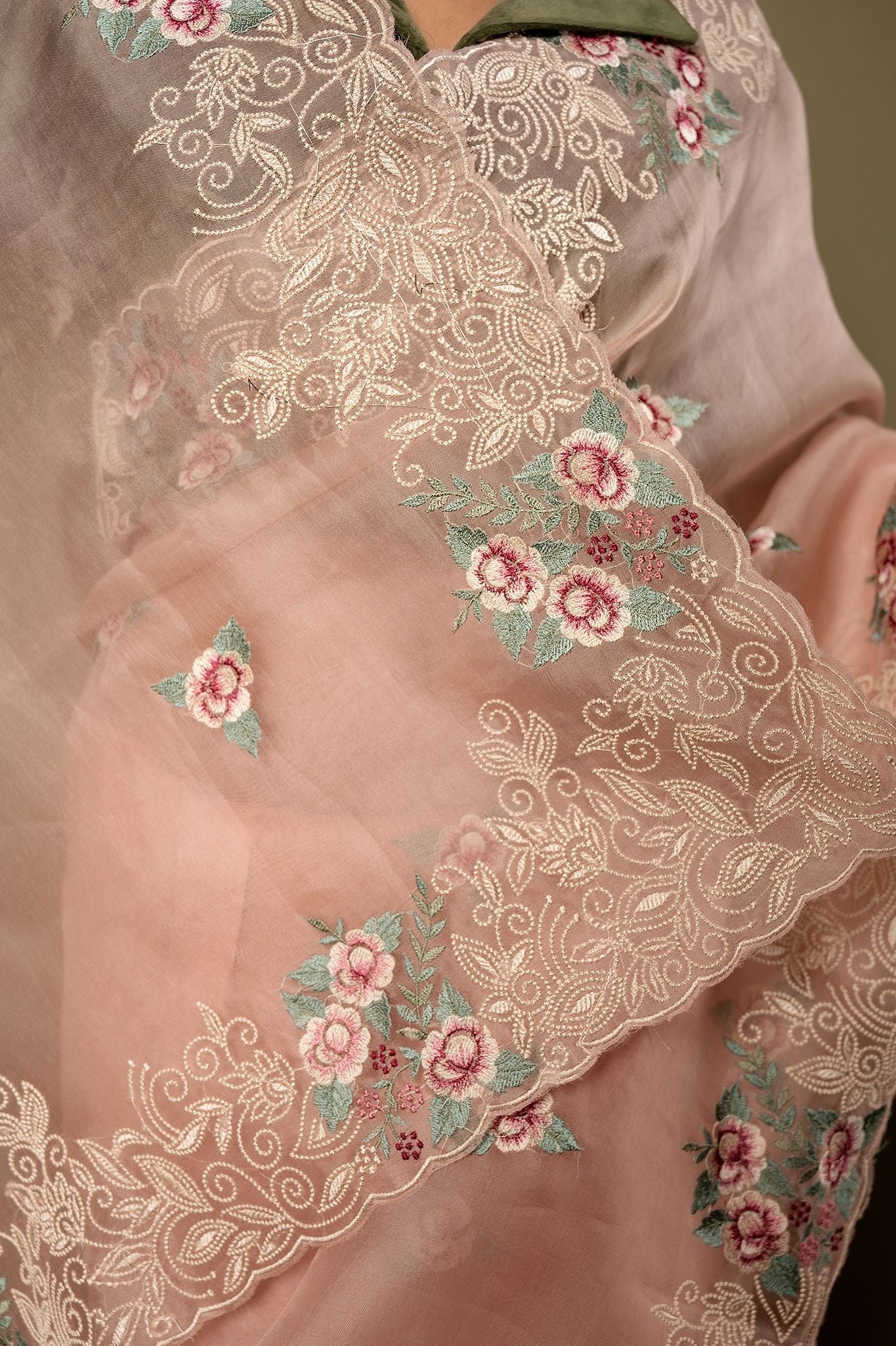 Peach Organza  resham border butti Handwork saree