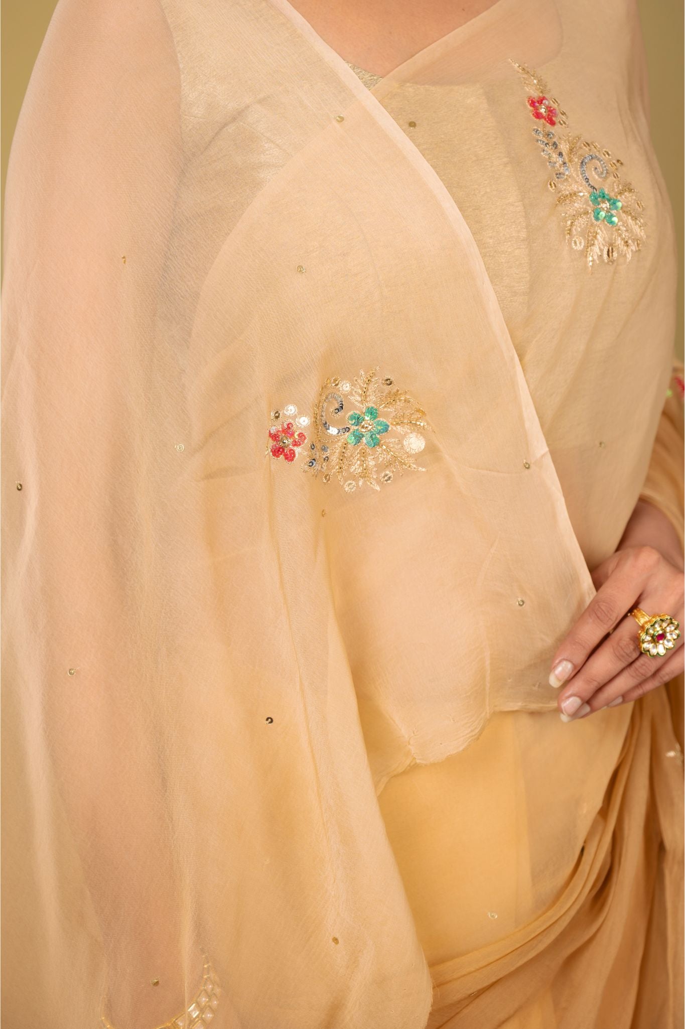 Chikku Light brown viscose chiffon aari sequins   handwork casual wear saree