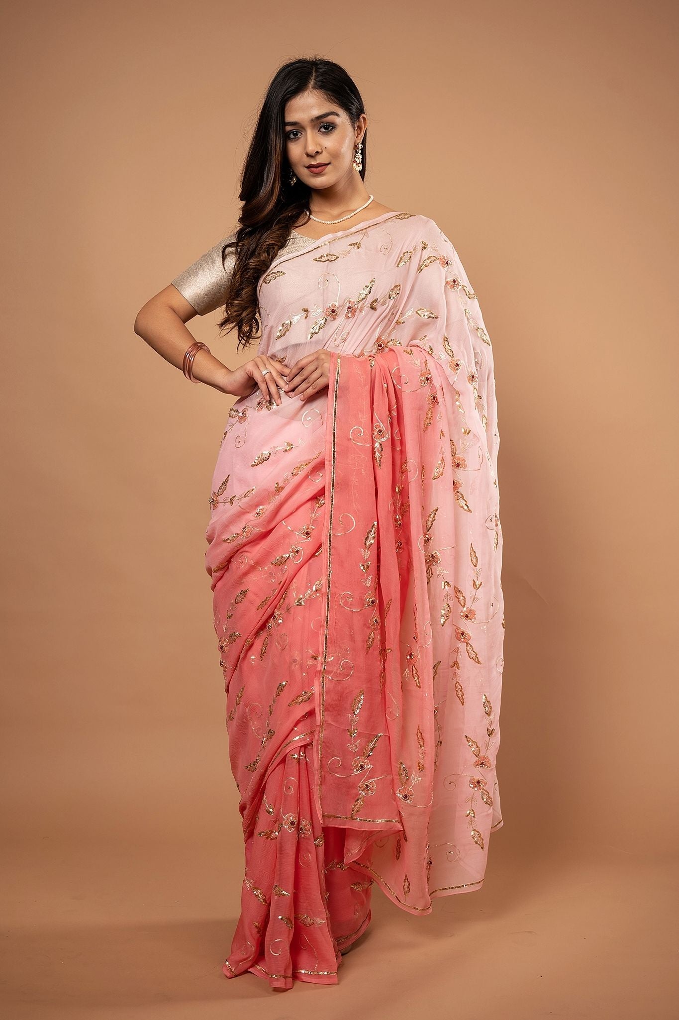 Peach light dark Pure Chiffon Aari sequins  jaal handwork saree