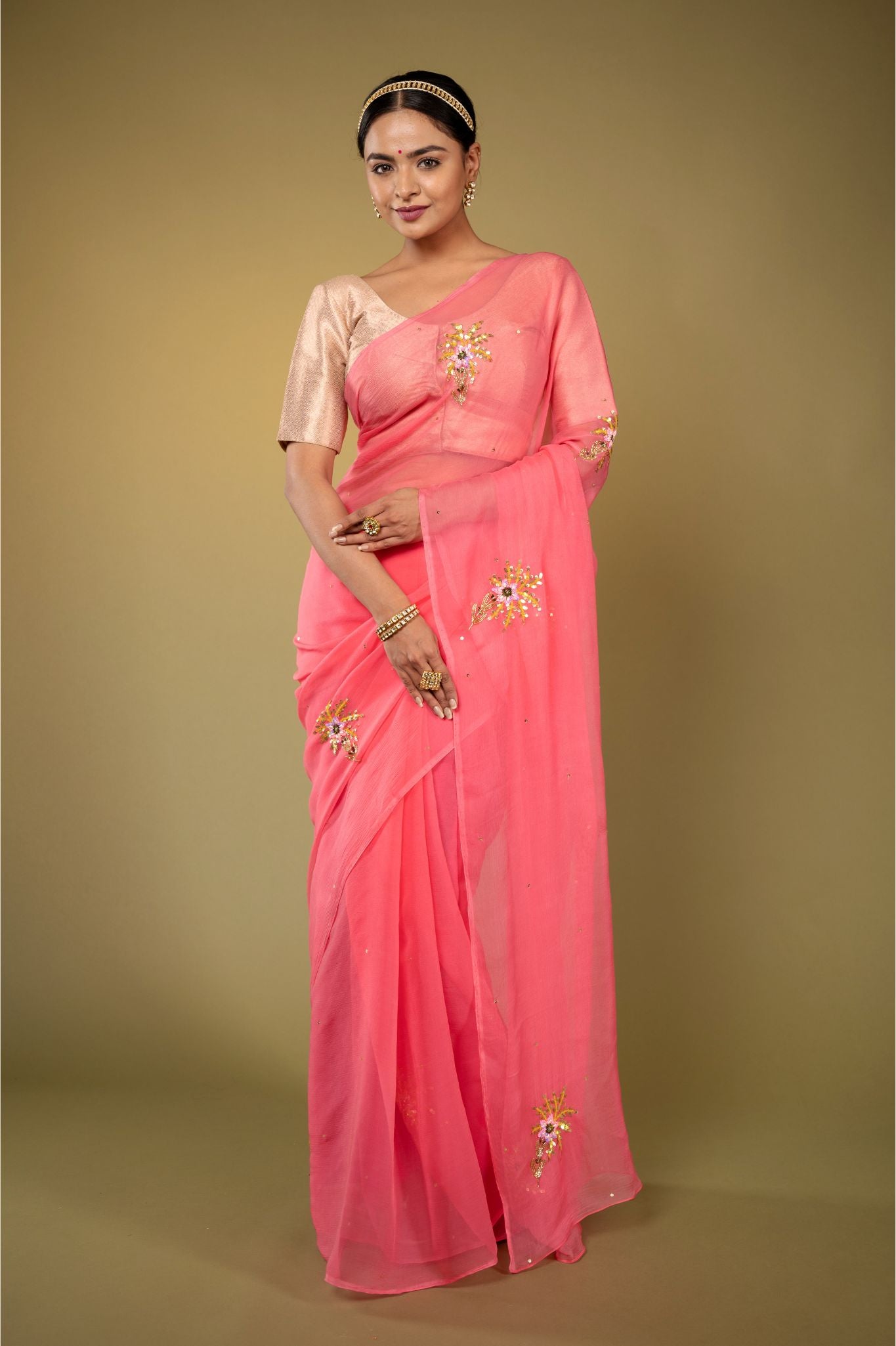Soft pink viscose chiffon aari sequins  handwork casual wear saree