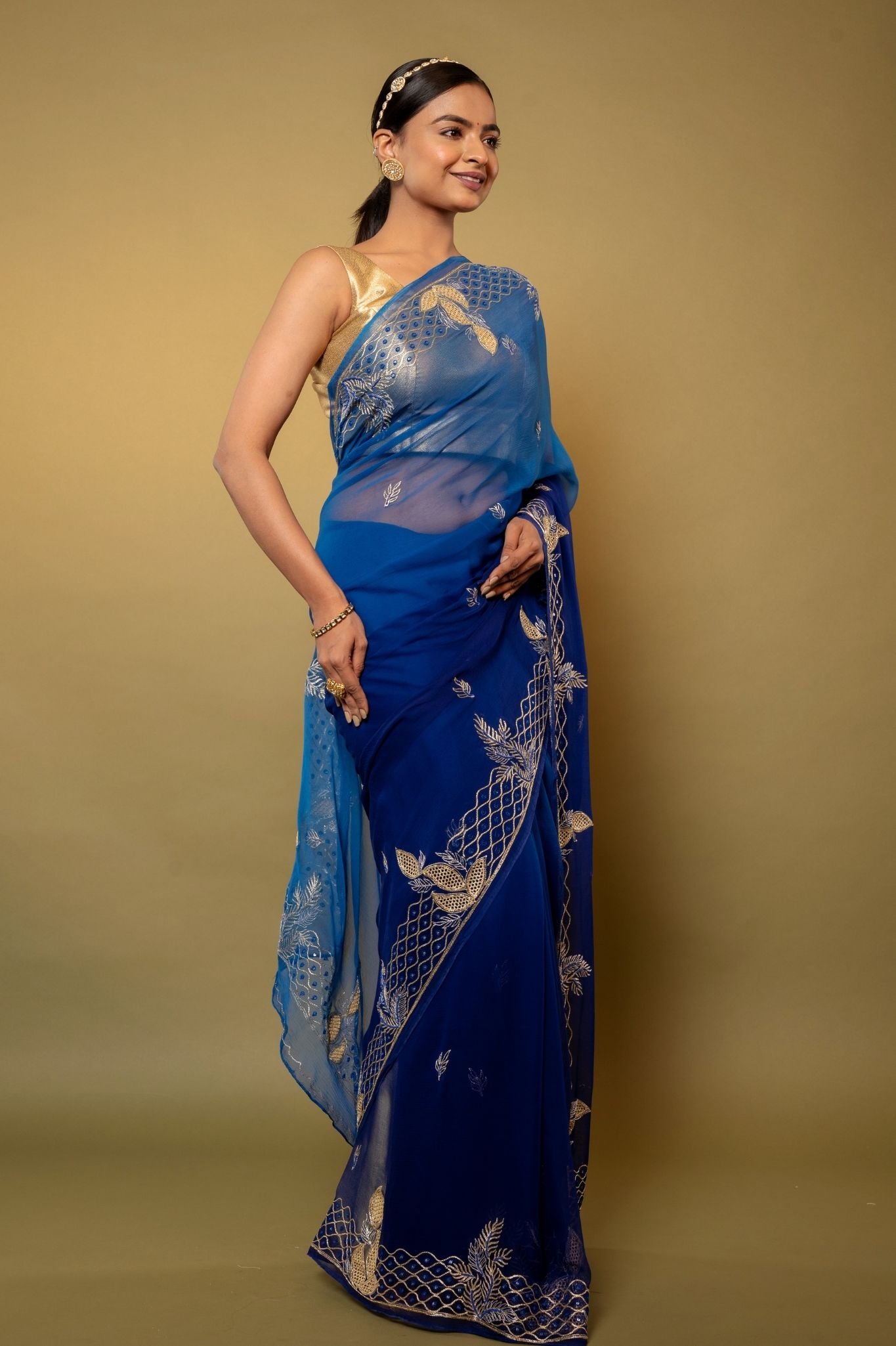 Blue light dark Viscose Chiffon aari kardana border butti handwork party wear saree