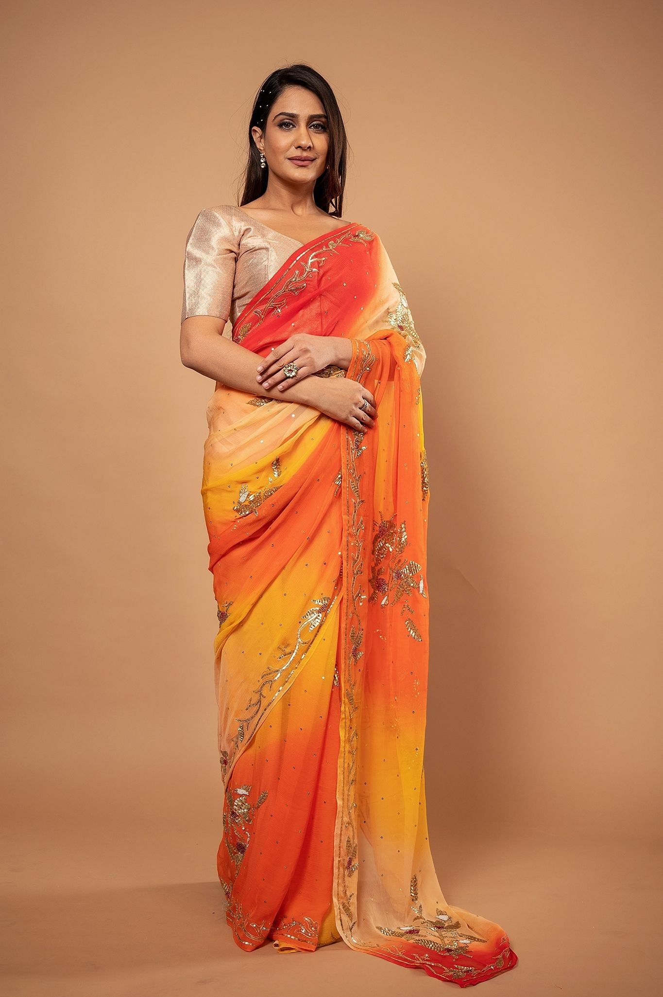 Yellow orange Pure Chiffon Aari sequins  Motif handwork saree
