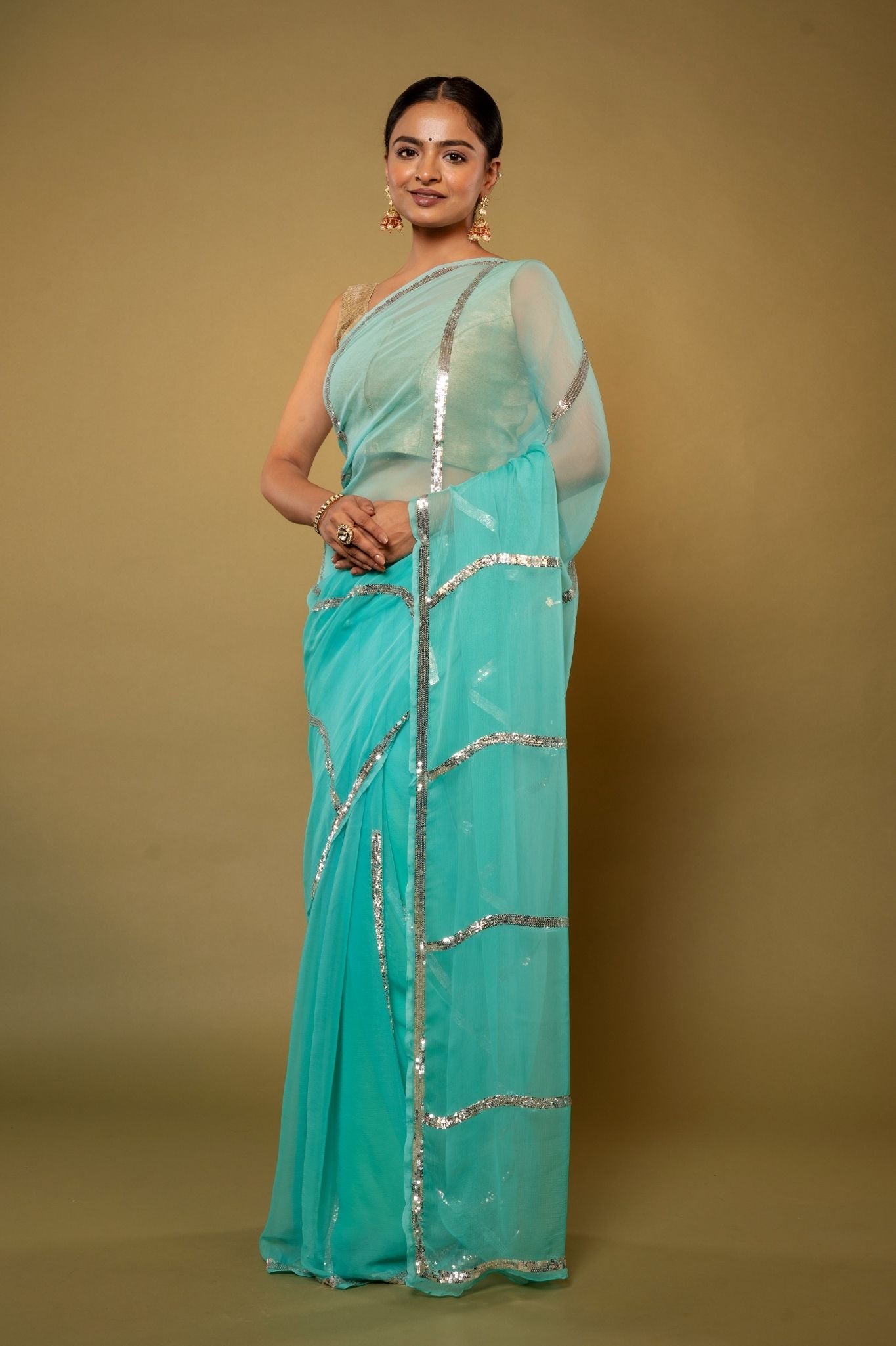 Sky blue   Viscose Chiffon sequins   handwork party wear saree
