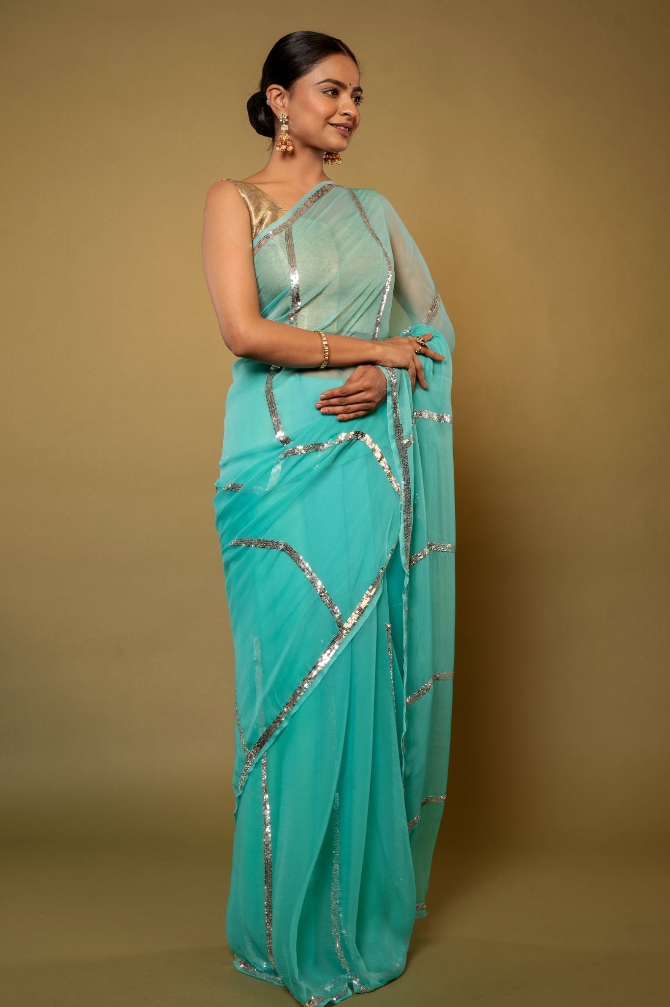 Sky blue   Viscose Chiffon sequins   handwork party wear saree