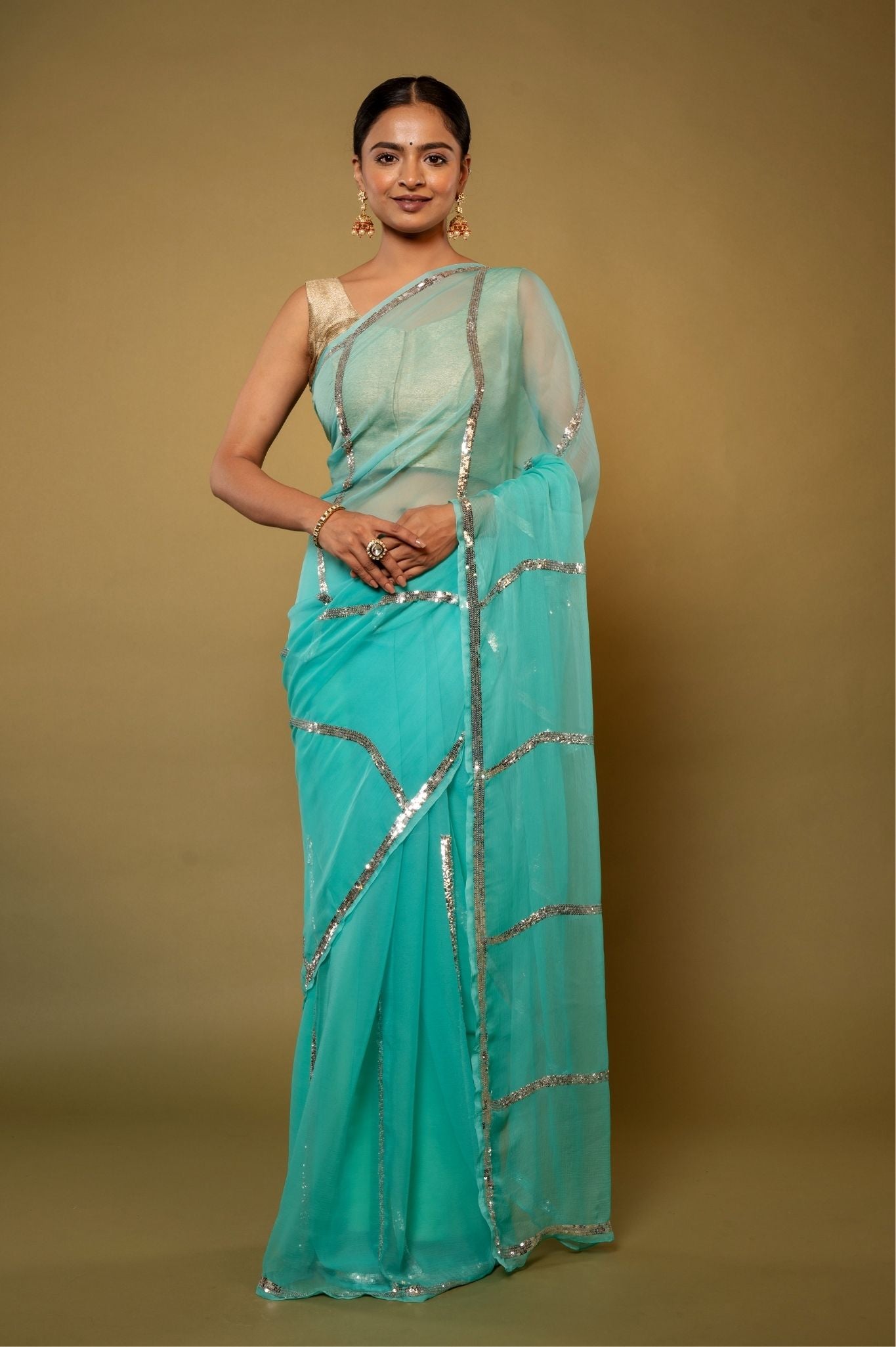 Sky blue   Viscose Chiffon sequins   handwork party wear saree