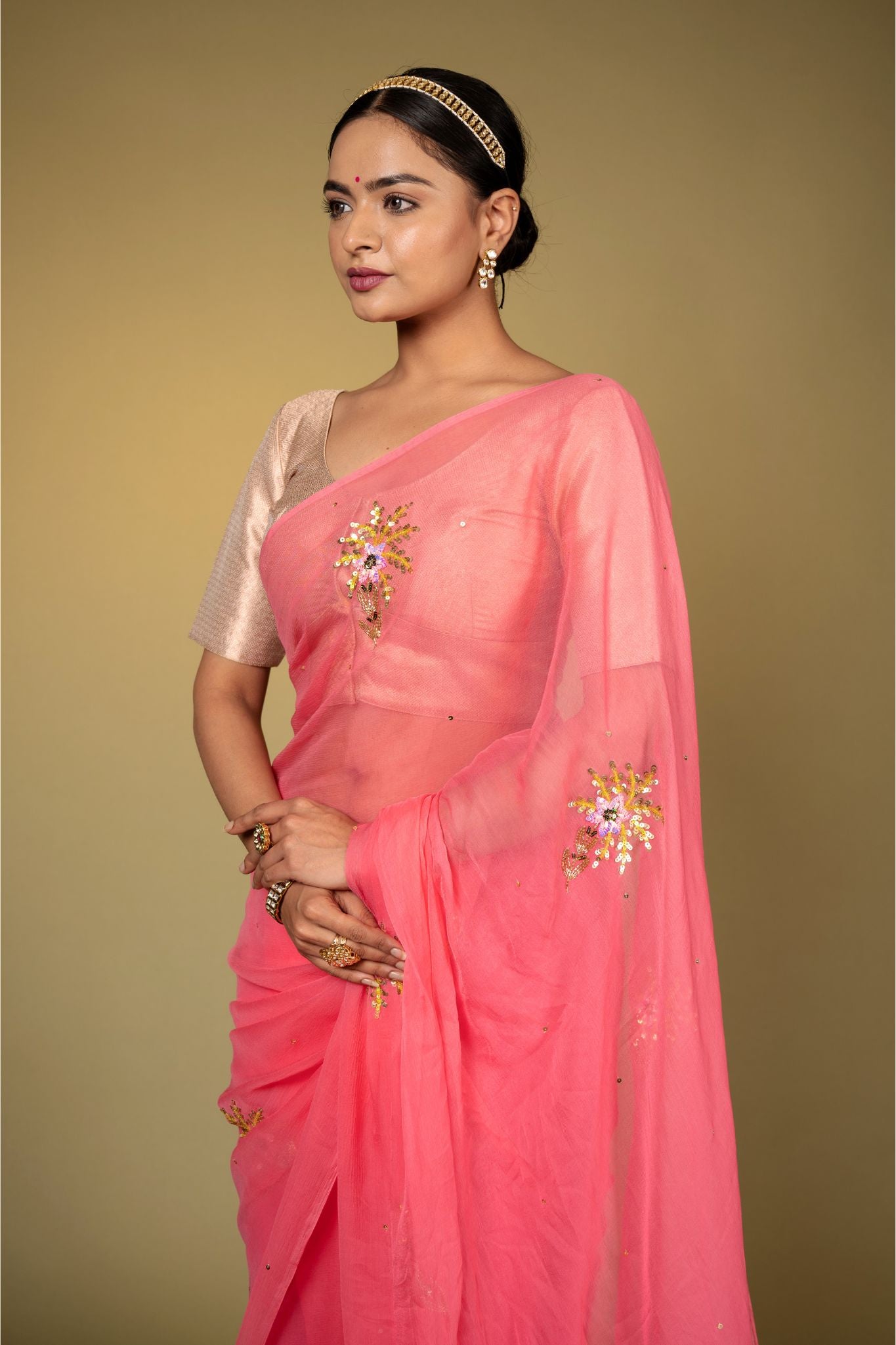 Soft pink viscose chiffon aari sequins  handwork casual wear saree