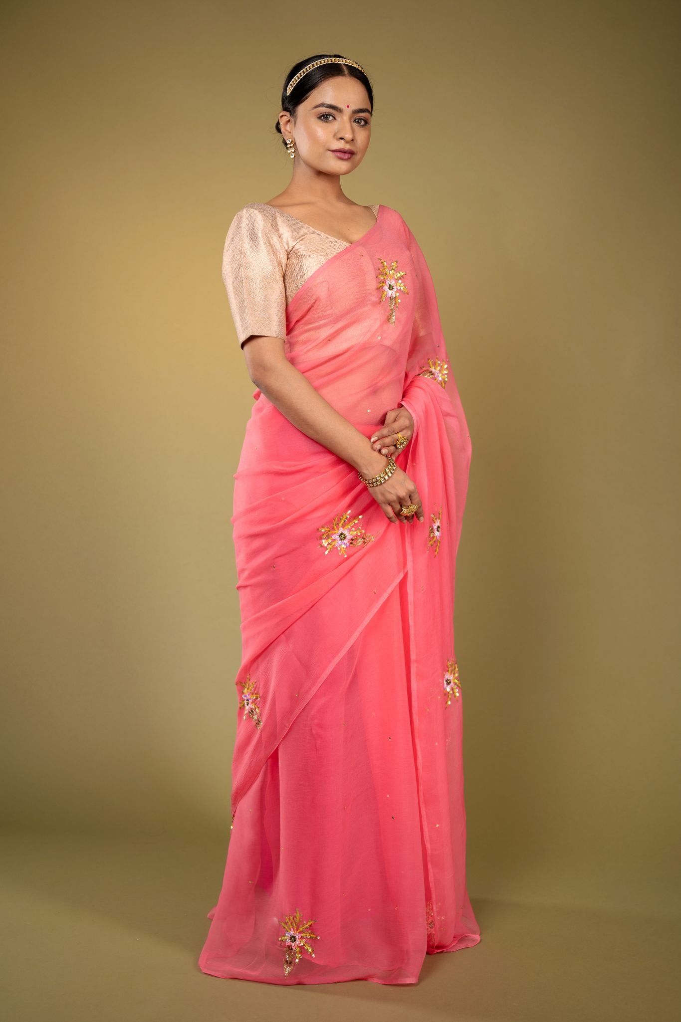 Soft pink viscose chiffon aari sequins  handwork casual wear saree