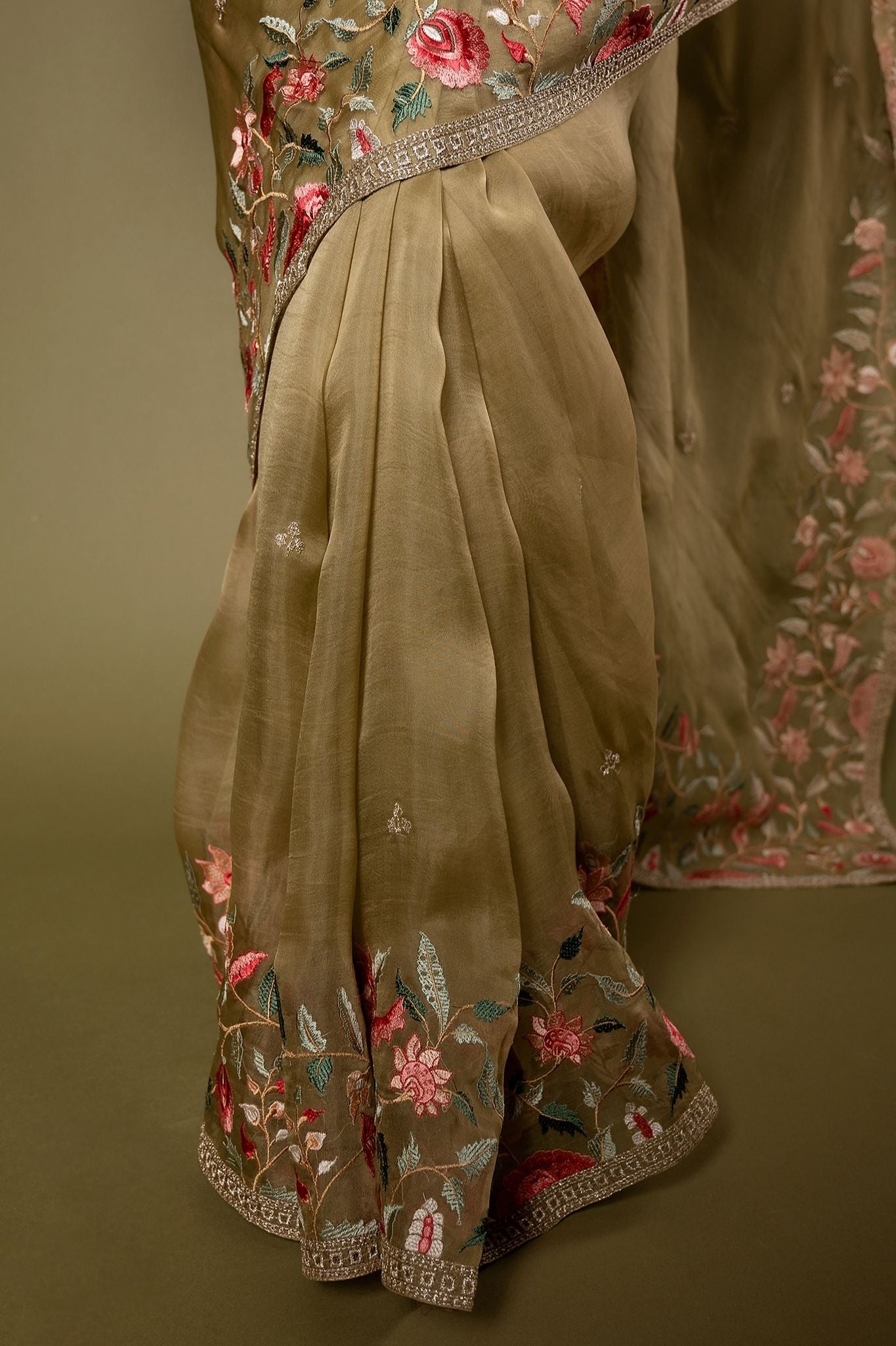 Beige Green Organza  resham border butti handwork saree