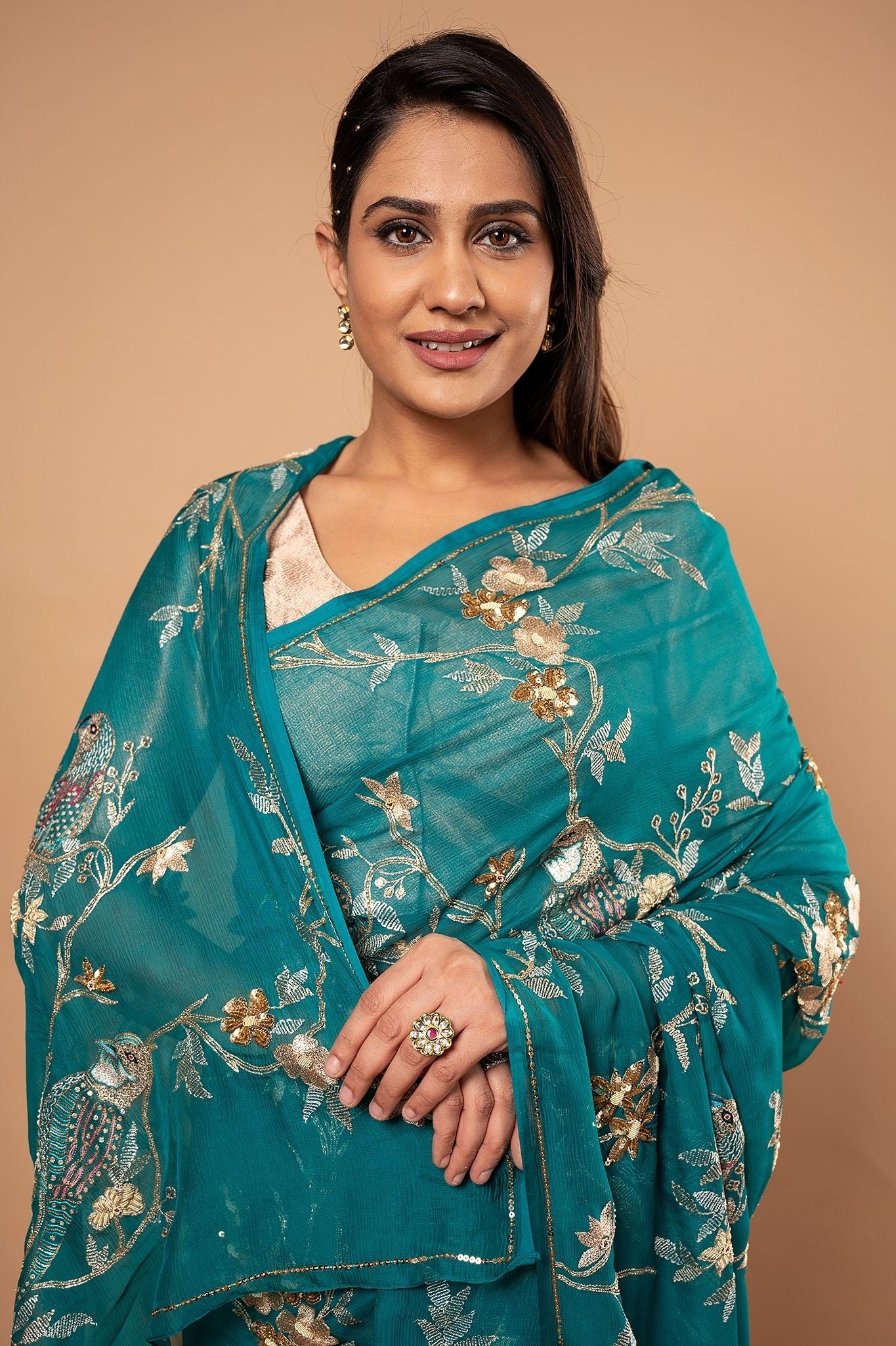 Rama pure chiffon aari sequnece zardozi resham jaal handwork saree