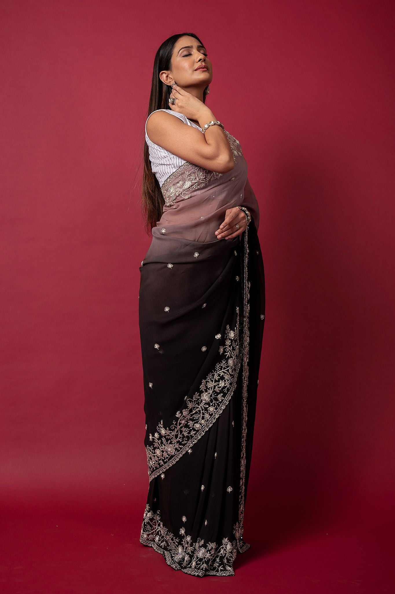 black grey organza  pearl sequins kardana handwork saree