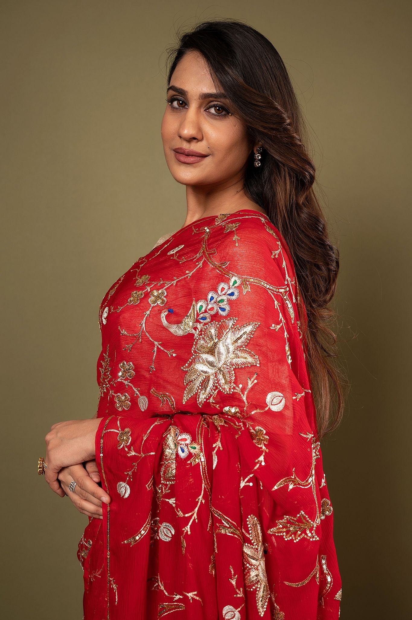 red pure chiffon aari sequins  jaal handwork saree