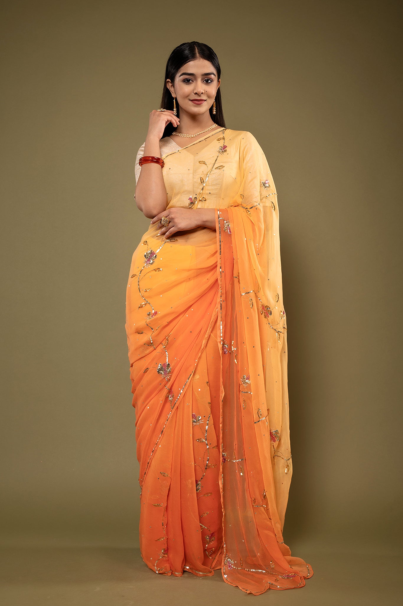 Orange light dark viscose chiffon aari sequins handwork casual wear saree