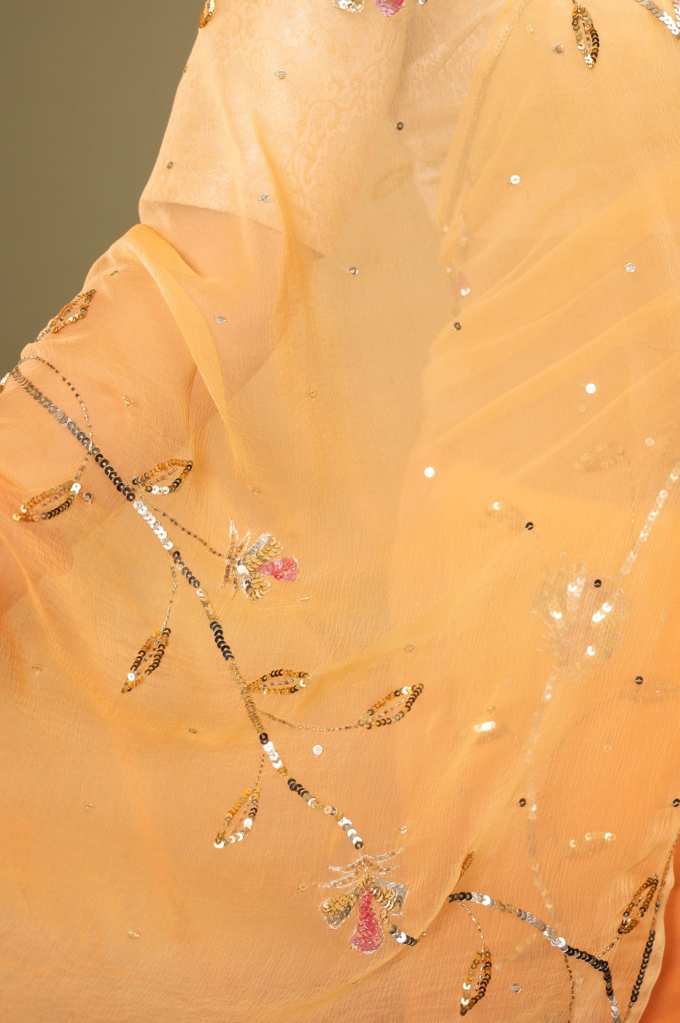 Orange light dark viscose chiffon aari sequins handwork casual wear saree