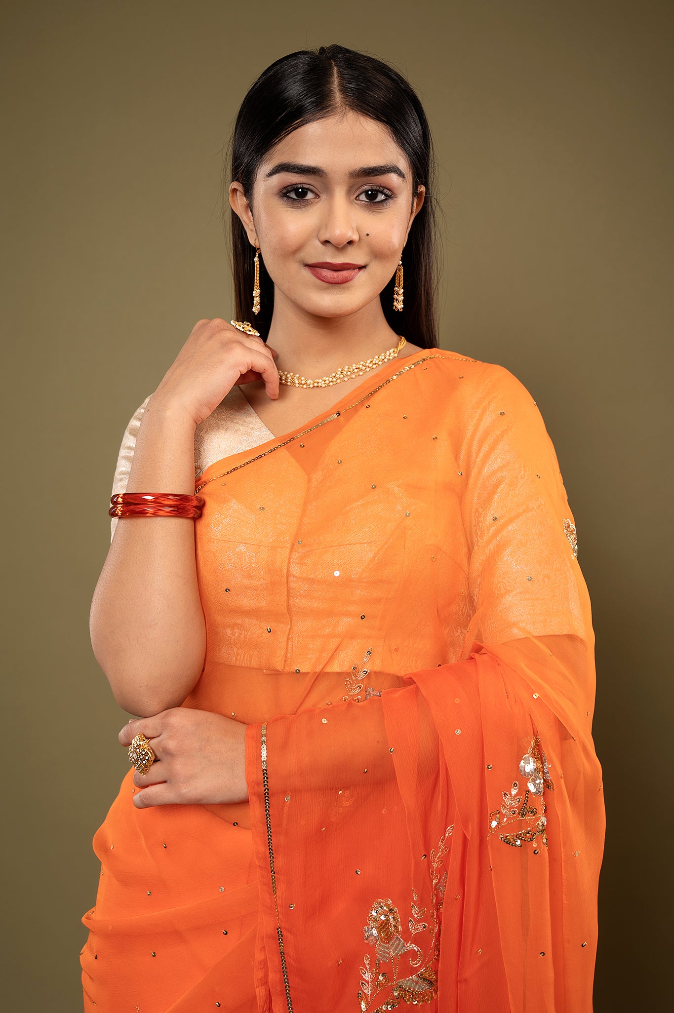 Orange light dark viscose chiffon aari sequins  handwork casual wear saree