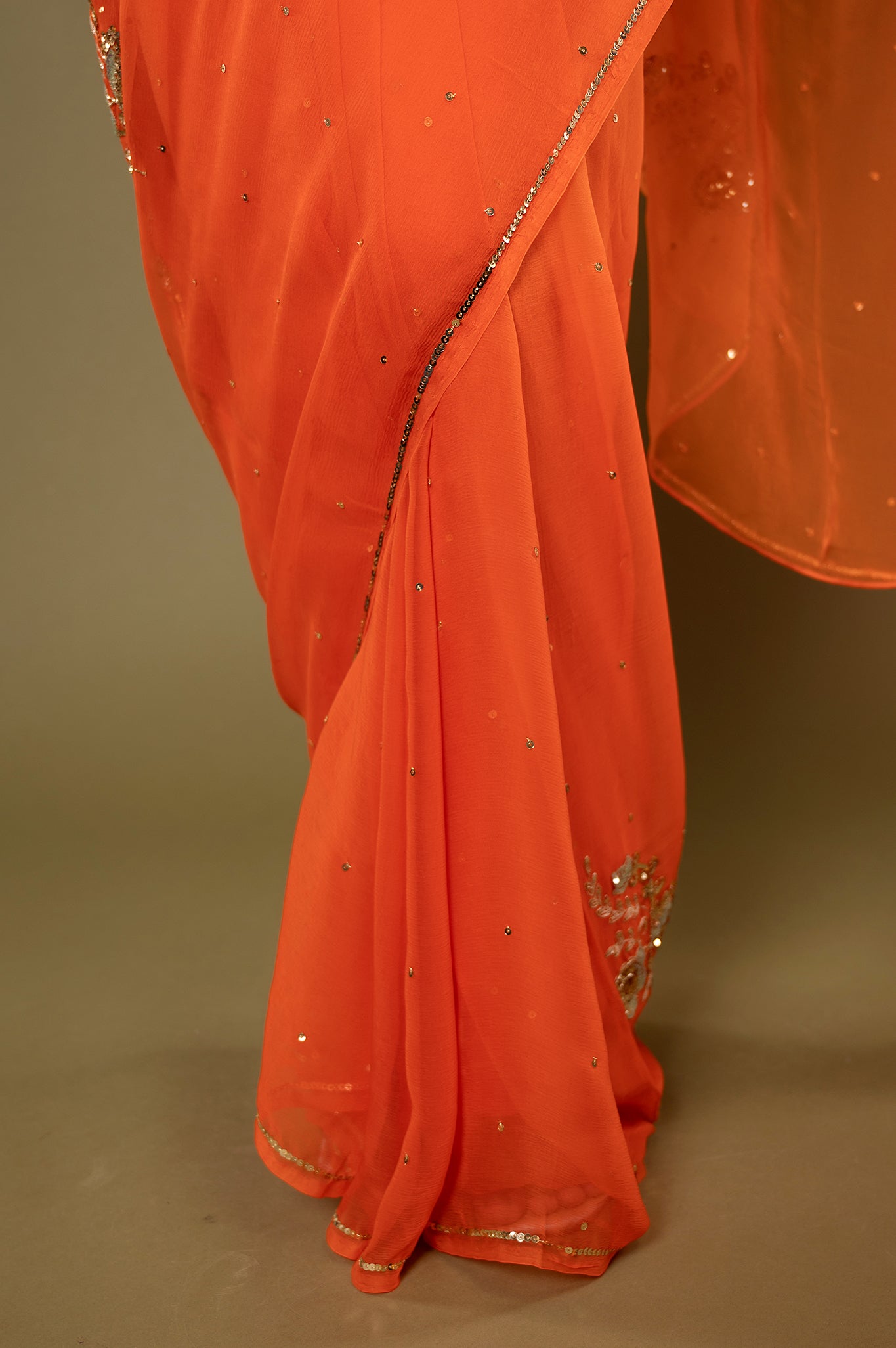 Orange light dark viscose chiffon aari sequins  handwork casual wear saree