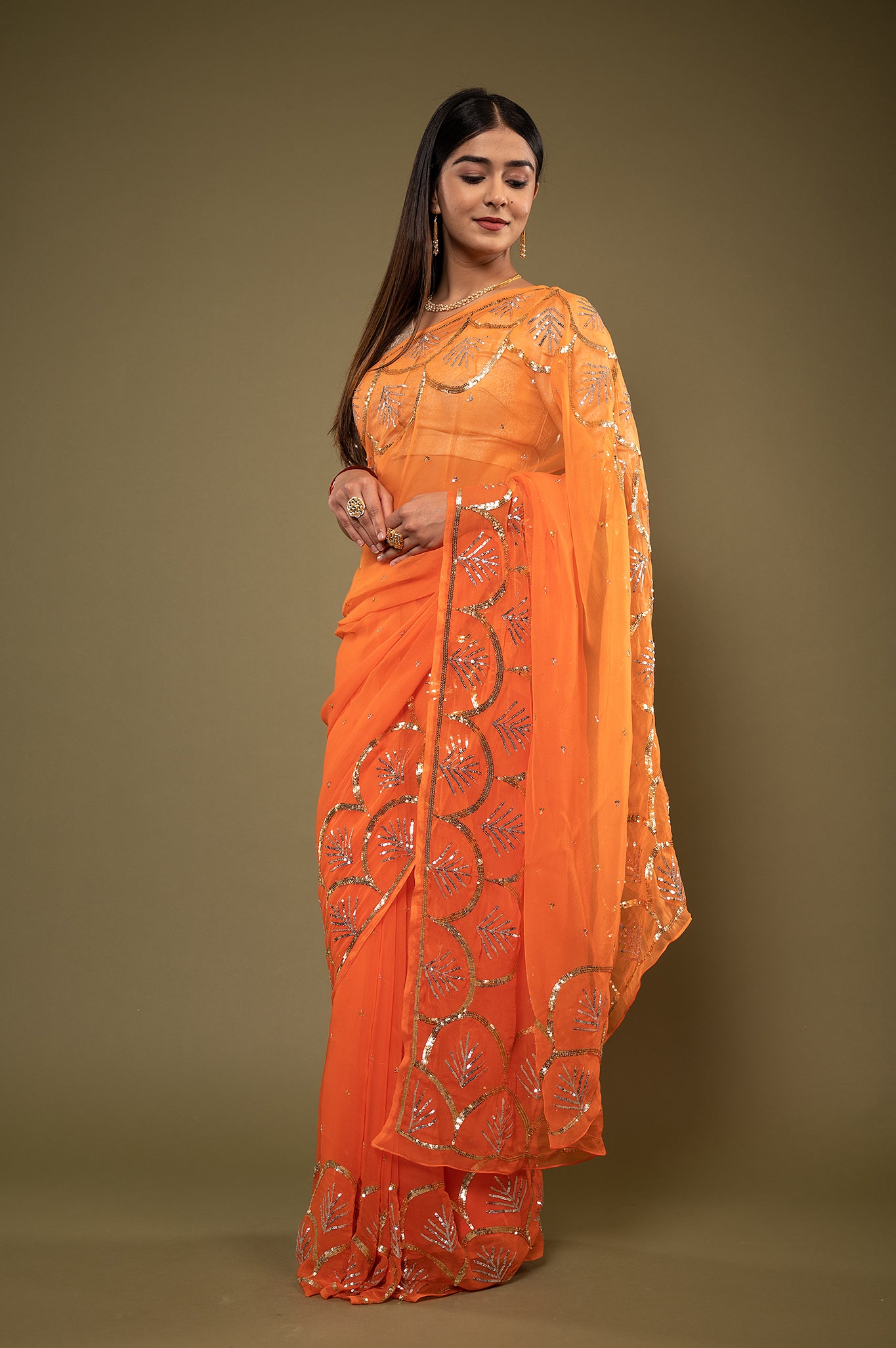 Orange  viscose chiffon sequins border butti handwork casual wear saree