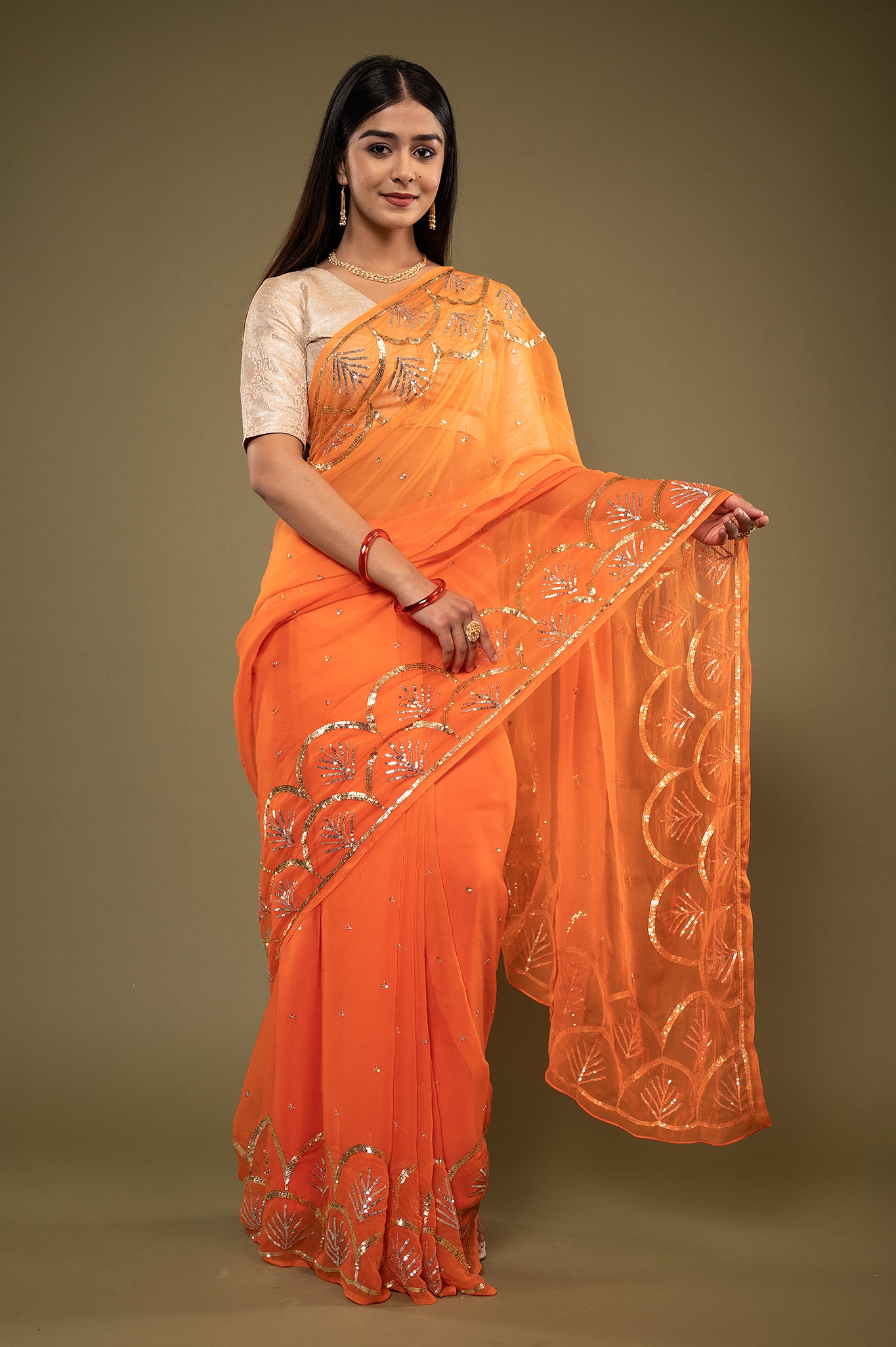 Orange  viscose chiffon sequins border butti handwork casual wear saree