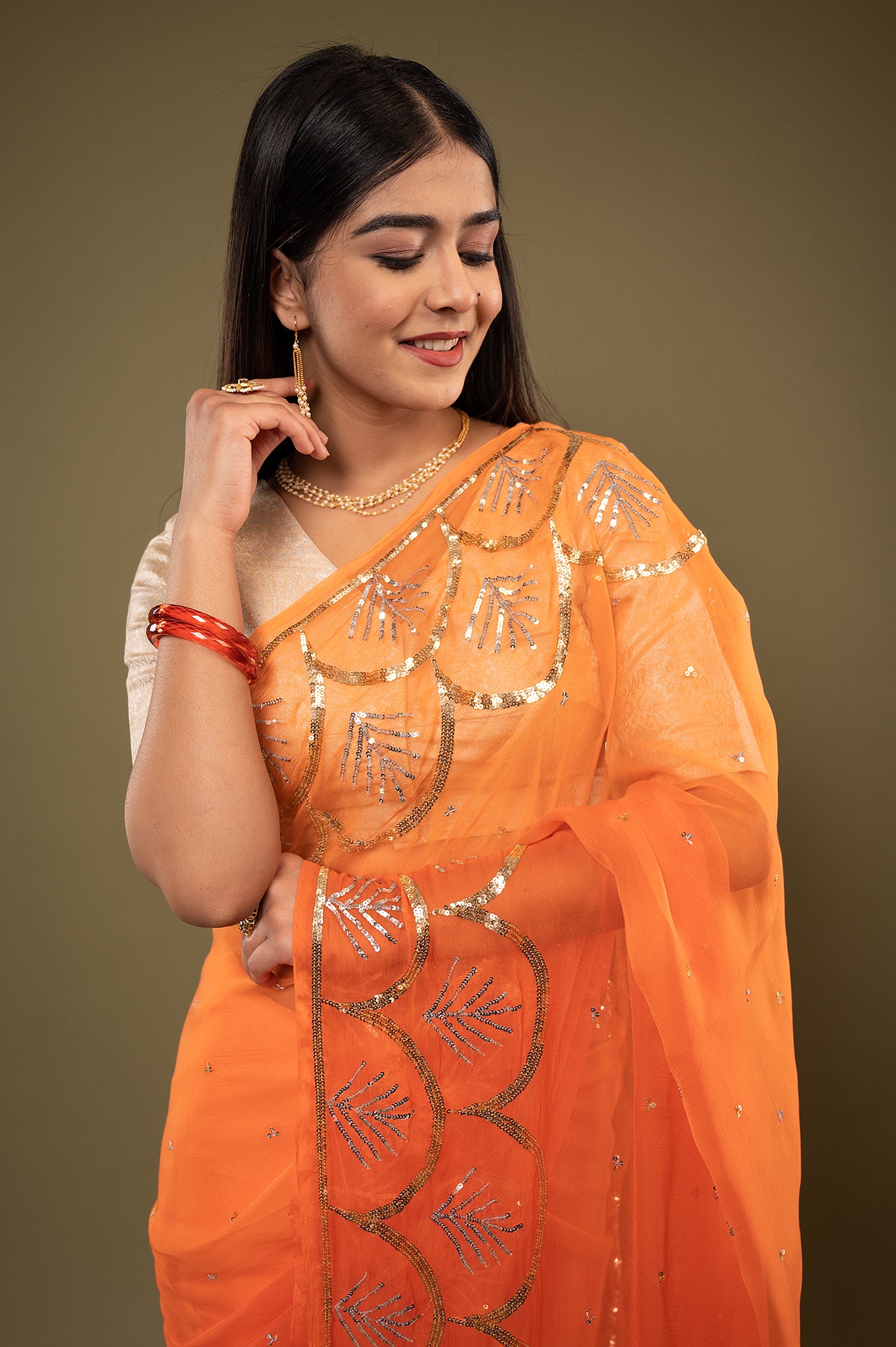 Orange  viscose chiffon sequins border butti handwork casual wear saree