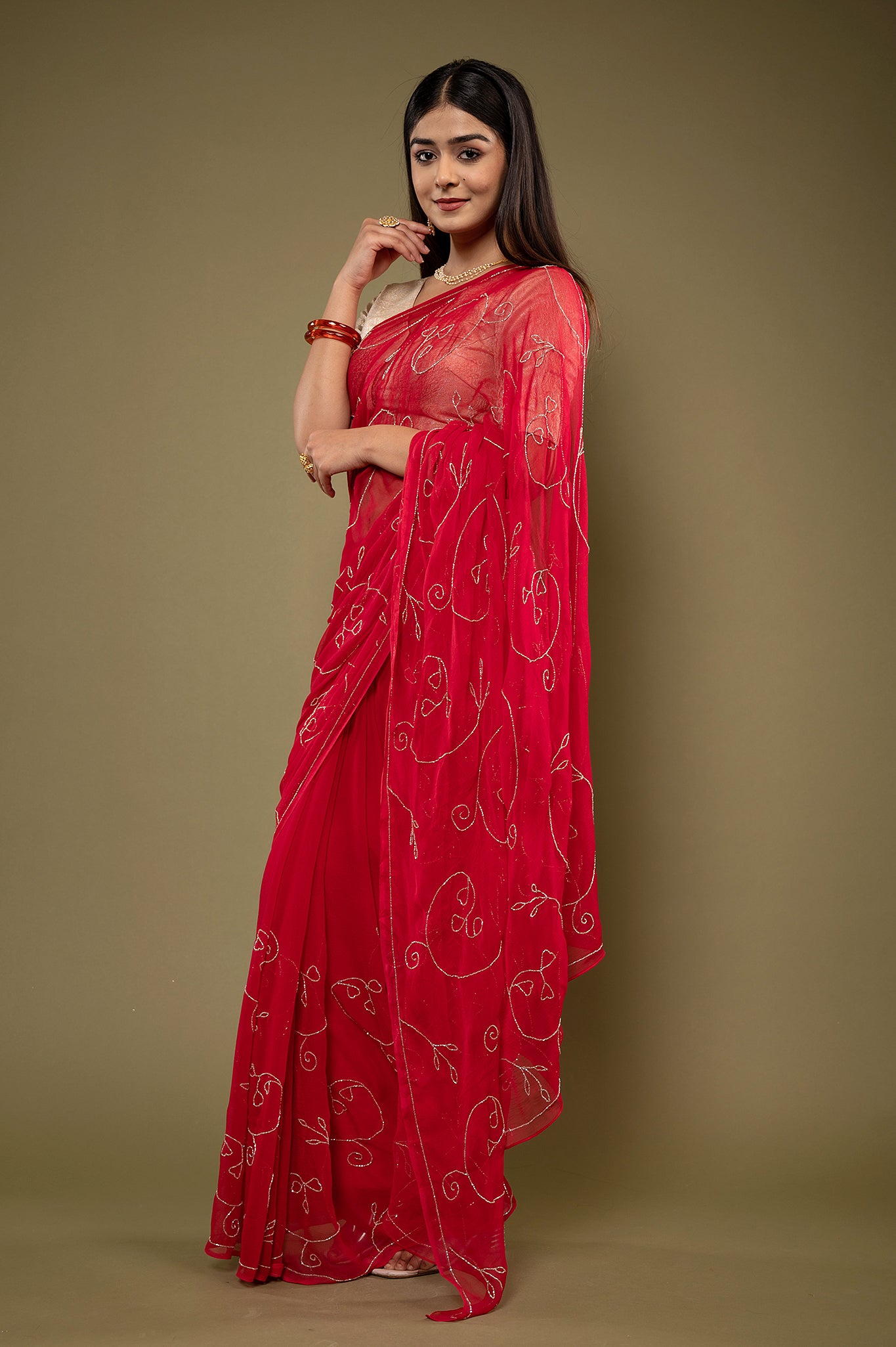 Red viscose chiffon kardana jaal handwork casual wear saree