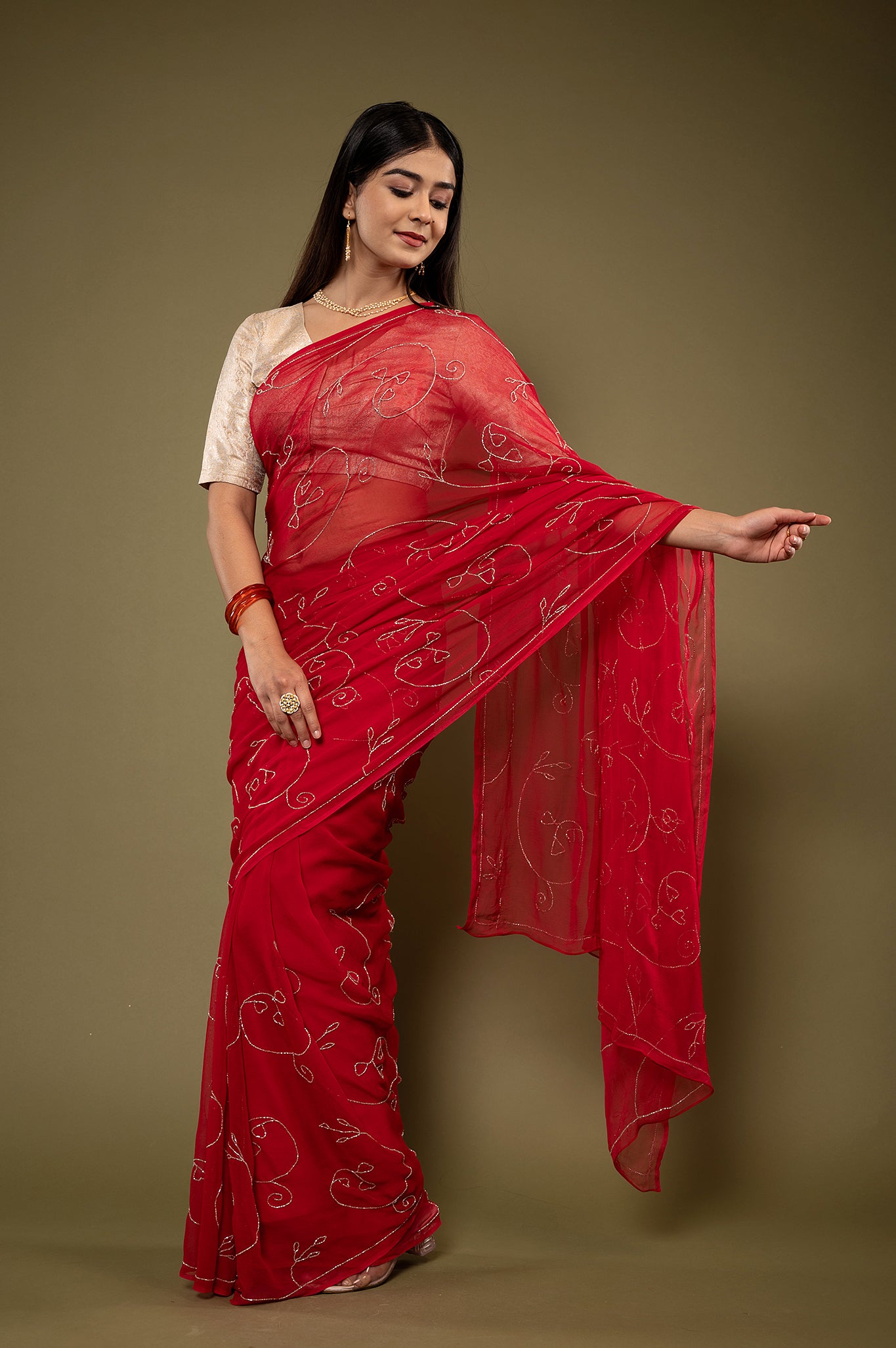 Red viscose chiffon kardana jaal handwork casual wear saree