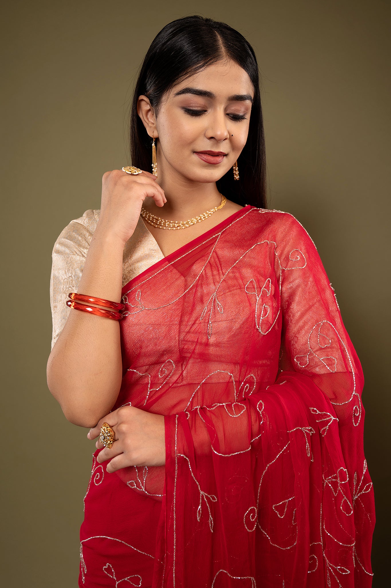 Red viscose chiffon kardana jaal handwork casual wear saree